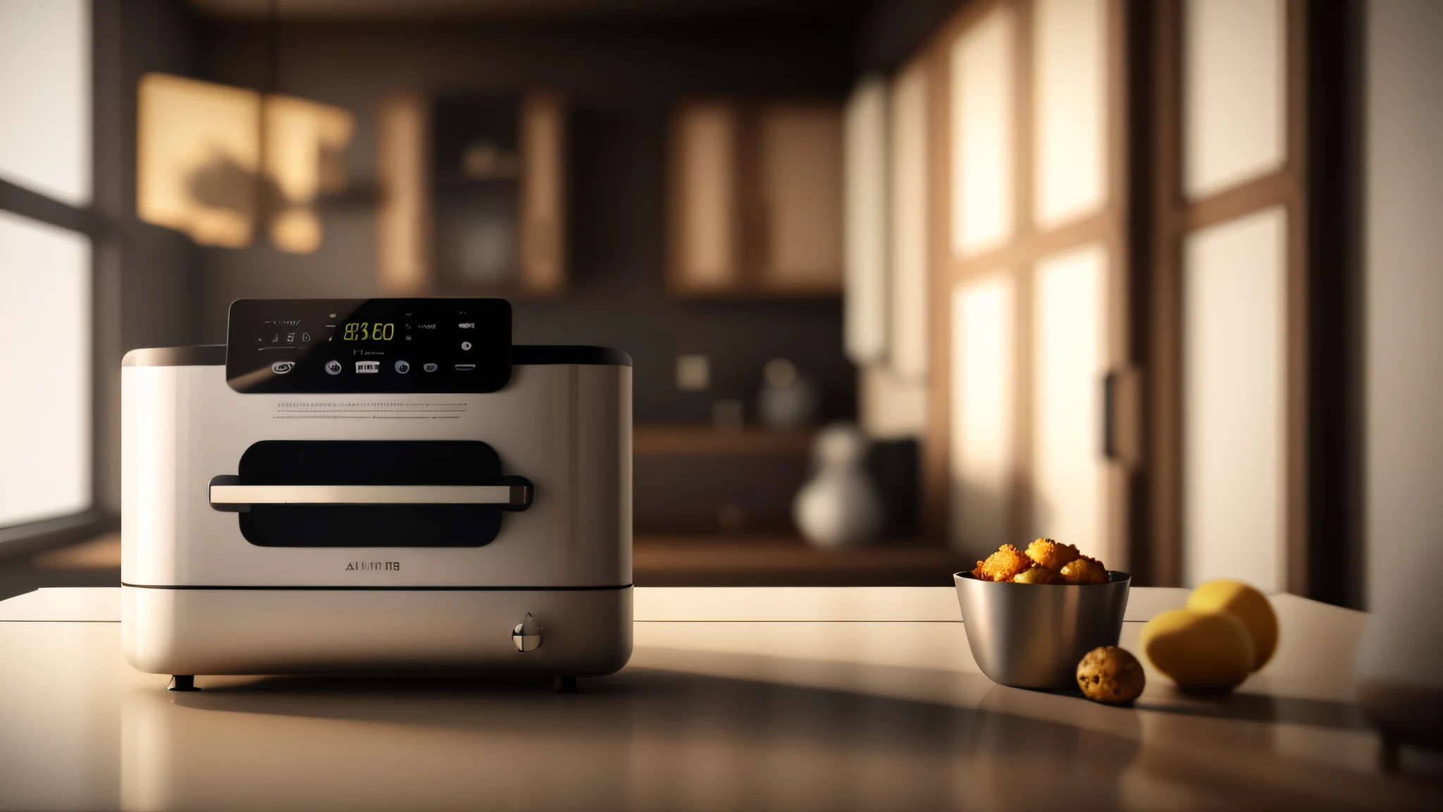 Air fryer placed on the table,Interior design of modern style, Realistic, Photorealistic, 8K, strong light on meeting table,Chiaroscuro, hyper HD, Best picture quality ,realisticlying,Foto realism,cupboard,Lens perspective blur,Bright lights,Realistic lighting