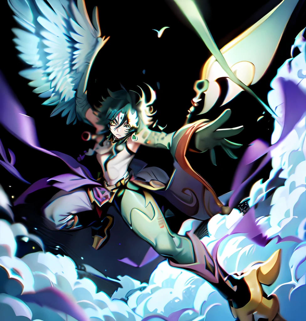 yellow eyes, green hair, short hair, tattoo, forehead tattoo, necklace, 1boy, solo focus, male focus, black within green hair, xiao \(genshin impact\) as a Digimon, digimon \(creature\), Bird like ,((green, white, Black and Purple color scheme)), ((high quality )) ,((Masterpiece))