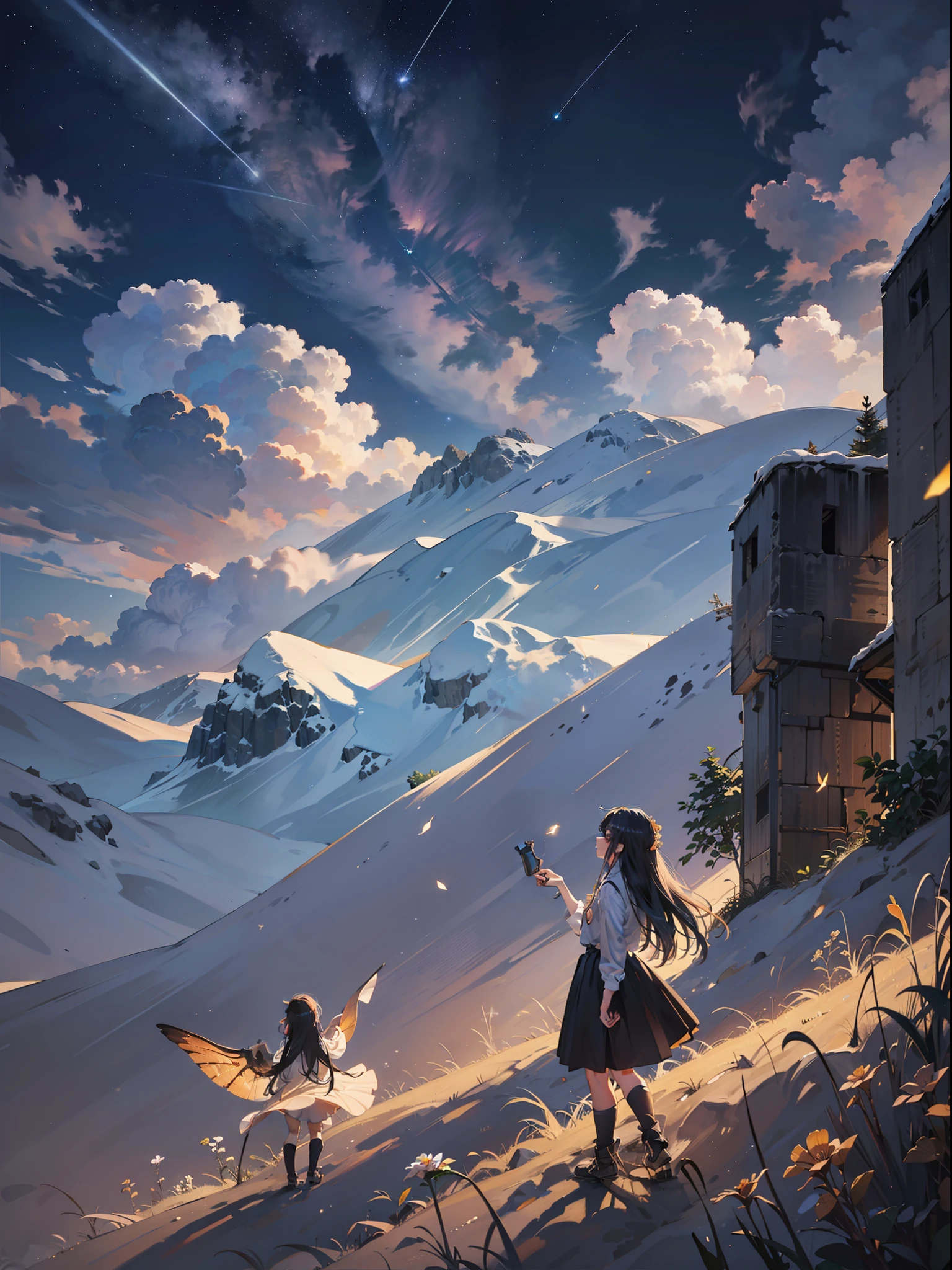 Expansive landscape photograph, (view from below with a view of the sky and the wilderness below), standing in a flower field looking up, (full moon: 1.2), (shooting star: 0.9), (nebula: 1.3), distant mountain, tree break production art, (warm light source: 1.2), (firefly: 1.2), lamp, purple and orange, intricate detail, volume lighting BREAK (masterpiece: 1.2), (highest quality ), 4k, ultra-detailed, (dynamic configuration: 1.4), highly detailed and colorful details (iridescent: 1.2), (sparkling lighting, atmospheric lighting), dreamy, magical, (solo: 1.2)