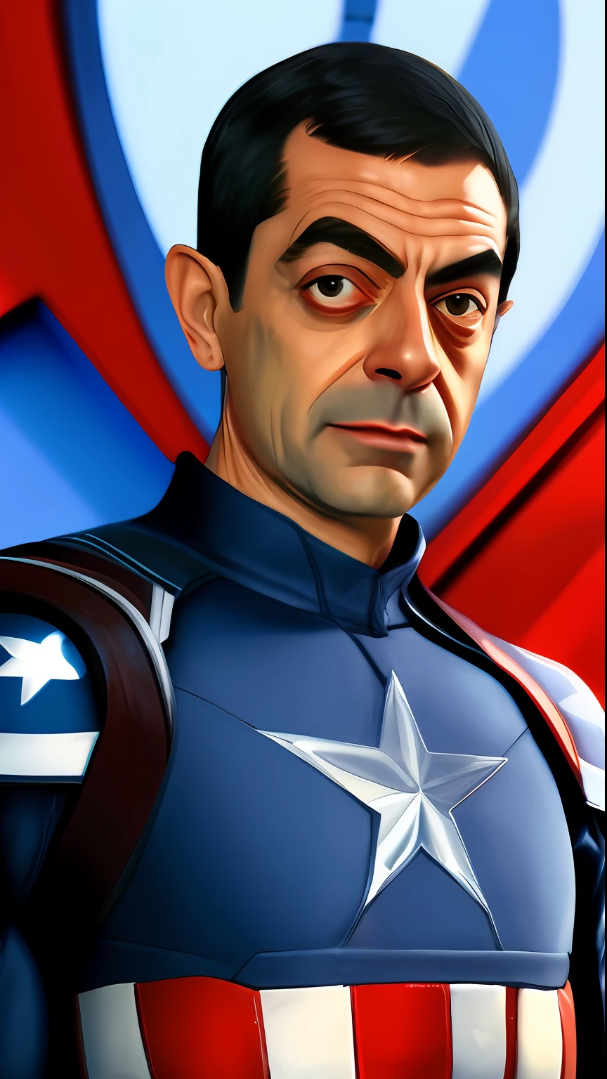 . .Tarantino style Mr bean as Captain America 8k, high definition, detailed face, detailed face, detailed eyes, detailed suit, in style of marvel and dc, hyper-realistic, + cinematic shot + dynamic composition, incredibly detailed, sharpen, details + superb details + evening with light + perfectionism + award winning realism ((moody lighting))