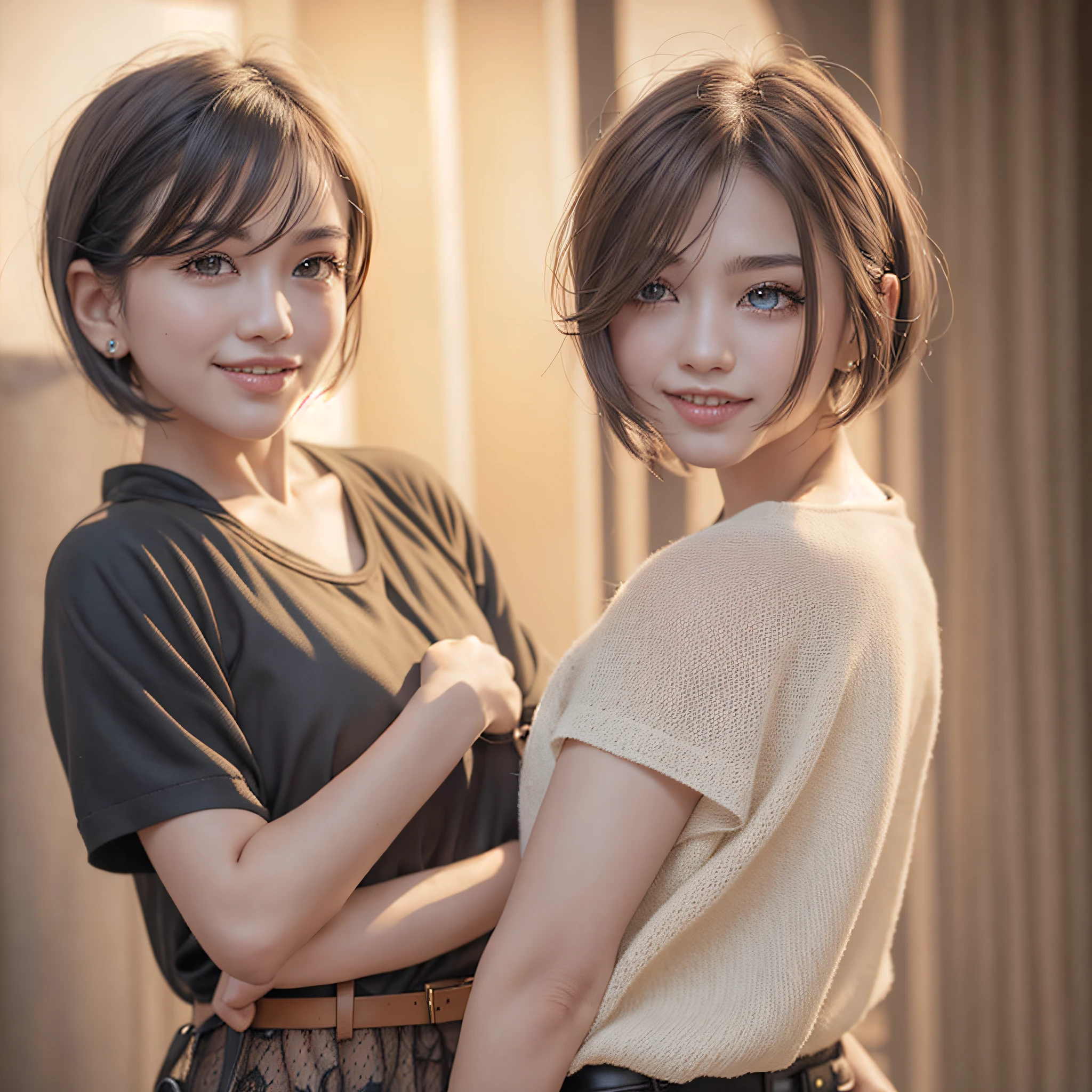 short brown haired、a smile、