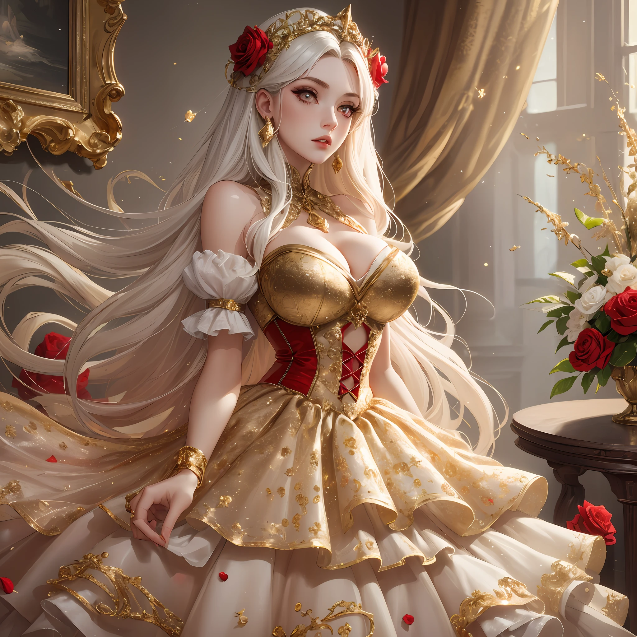 masterpiece, best quality, 8k, high resolution, 2D Digital art style, 1girl, solo, perfect composition, the rule of thirds, detailed modern styled victorian dress, cleavage, original character artwork, solo focus, (vampire Princess), queen mentality, extremely long voluminous white hair, thin waist, wide hips, beautiful red detailed eyes, Rococo style room background, roses and cherries, light particles, red,gold tetradic colors, volumetric lighting, dramatic lighting, indoors, (white, gold, red gradient:1.5), realistic, ultra-detailed, volumetric lighting, intricate details