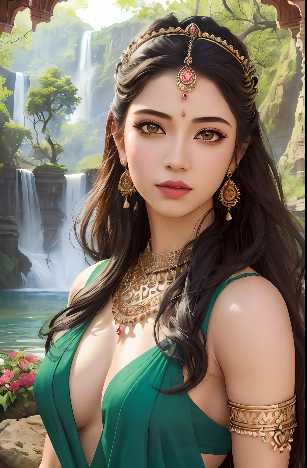 ((realistic:1.5)),((best quality)), ((masterpiece)),((detailed)), (1girl), {a beautiful female wearing a Sari}, (upper body:1.3),super-wide-angle lens,face focus, mature,sexy,toned muscles,long legs,curvy, barefoot, medium breasts, open cleavage, drooping breasts, thick thighs,wide hips, thin legs, green eyes,long black hair,floting hair,long eyelashes, (detailed face,beautiful eye, detailed pupilss,detailed clothes features, clear background:1.3), (Bindi,Jhumkas:1.3), (Armlet, Haar, Payal,Maang Tikka,Jhumkas,Kamarband,Bangles:1.3), mysterious ancient ruin, lush forests, deep canyons,bridge,river,cliff,cloud, lakes,rock,waterfalls, flowers, grass,vine,tree,bright details,sharp,perfect composistion, Intricate, Sharp focus, dramatic, by Frank Frazetta,by Julie Bell,by Olivia De Berardinis,by Luis Royo,by boris vallejo, princesses, royal skimpy underwear, hugging and touching each other, teasing her friend's waist, gasping friend, biting her friend's ear lobe, squatting