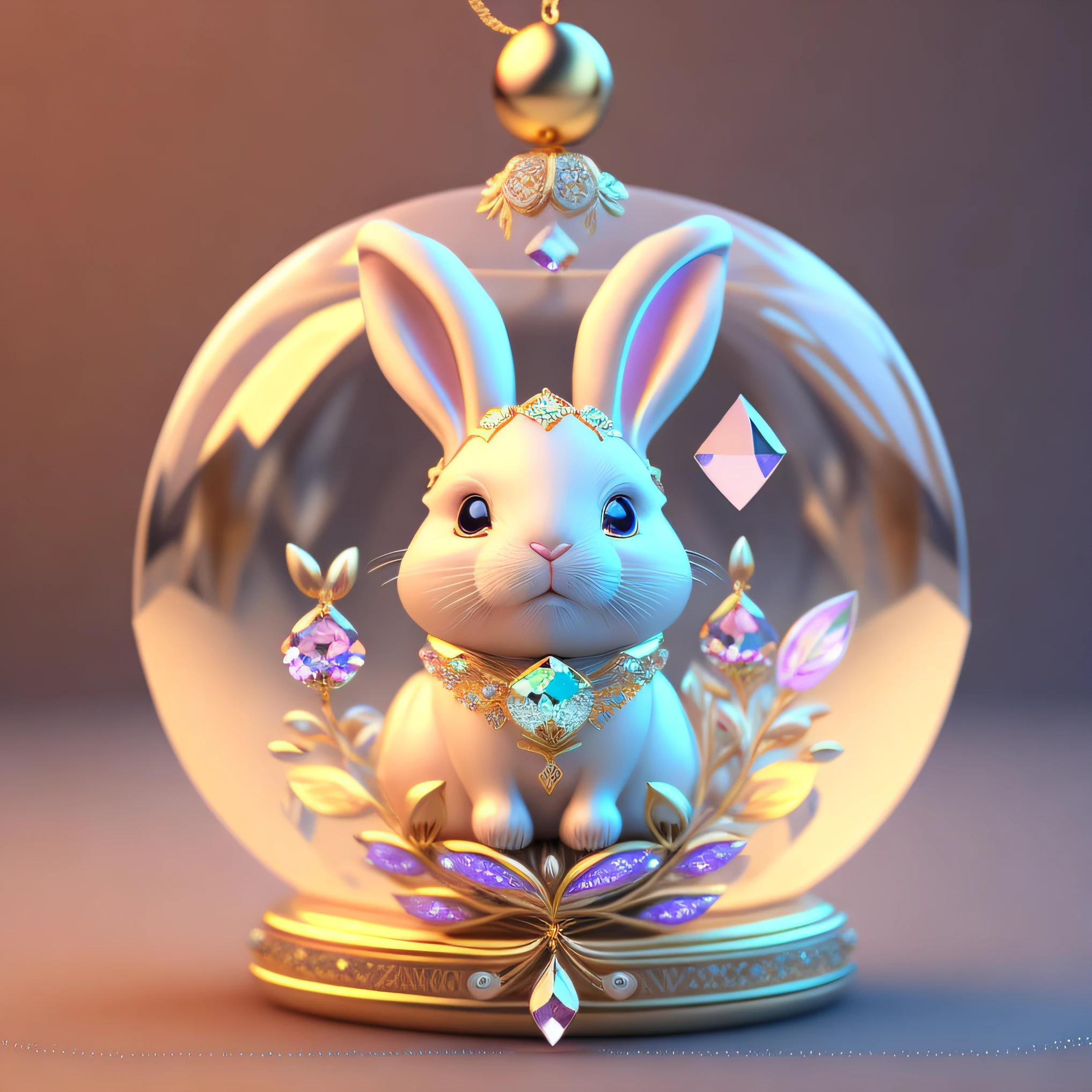 A cute smile crystal-gold ball zodiac bunny embellished with various jewelry ornaments, and low-poly eyes are a highly detailed and complex concept art craft using Artstation 8k quality.