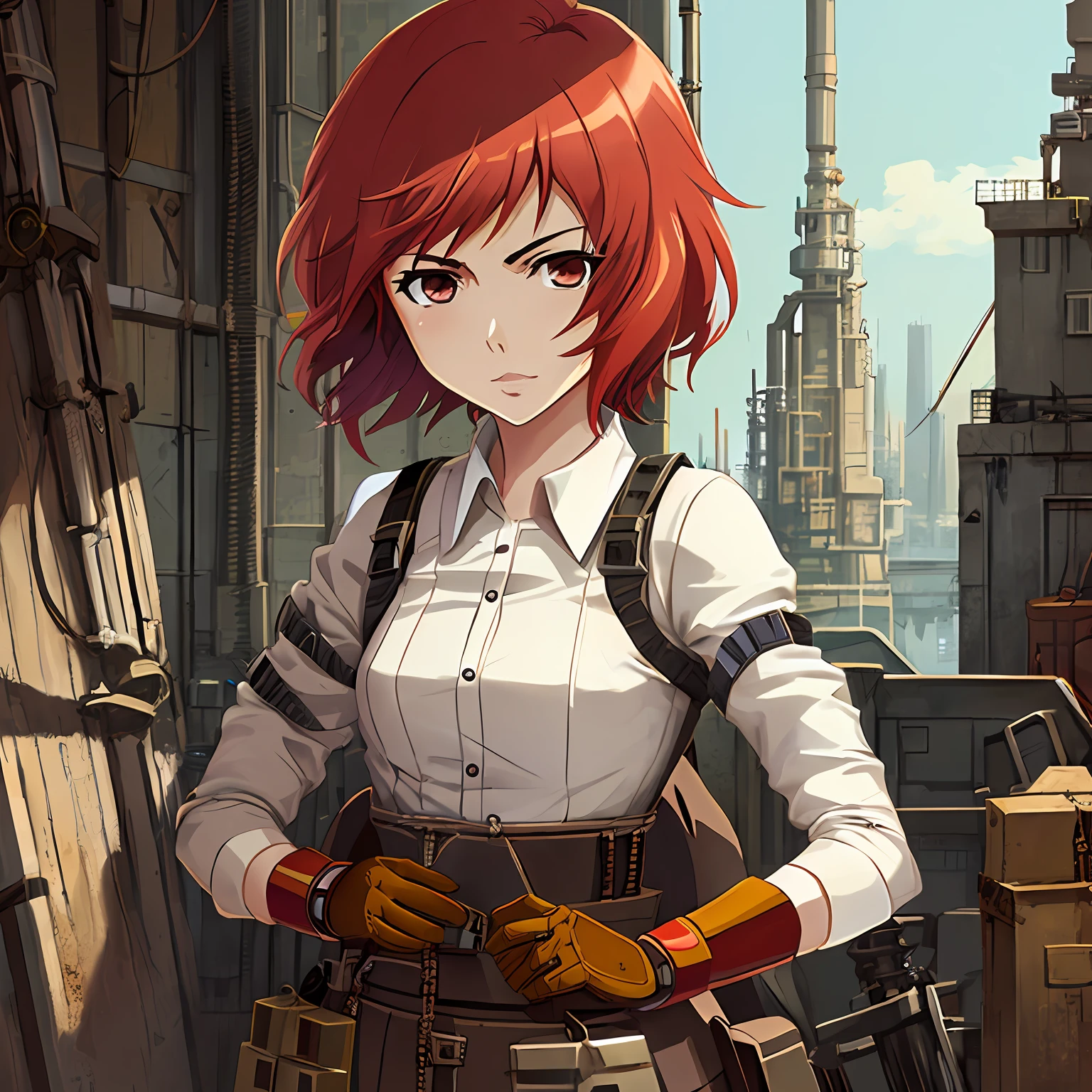 Steampunk female mechanic with red hair, wearing a mechanical glove and clothes adapted for tinkering work, very short woman, manhwa art, ((anime art)), ((best quality)), short hair