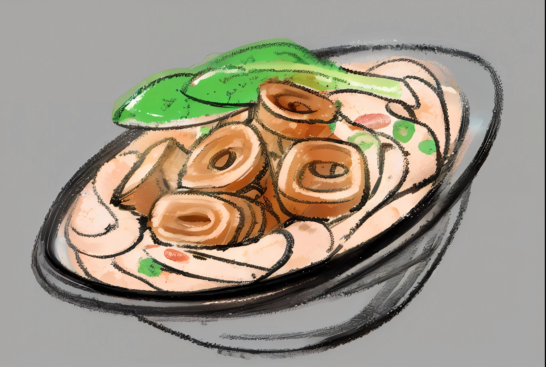 Colon noodles,Amazing food illustration, drawn with photoshop, expressive digital painting,Thick and dashed lines,Bright colors,large intestine,noodle,vegetable,,A plant,,The charcoal lines are very graphic,The black lines are very graphic,A combination of brush and color,Very special