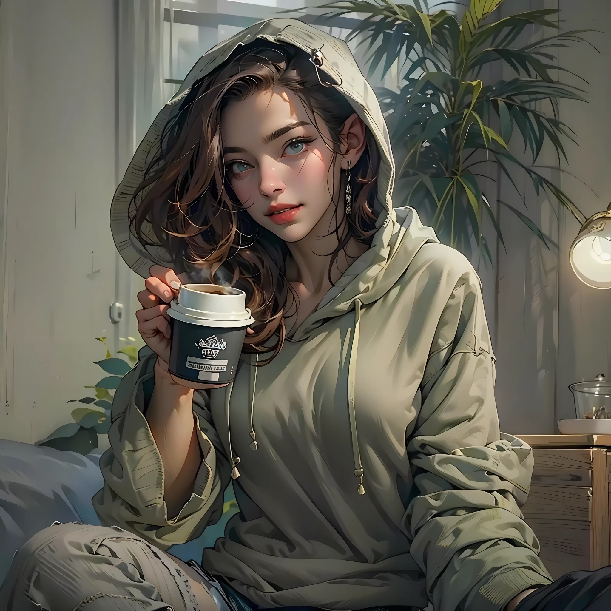 Naked hoodie, nijistyle, duas garotas, uma garota com uma blusa de moleton aberta mostrando os seios grandes e empinados, preparing coffee for your girlfriend, outra de calcinha e blusa curta, sorriso malicioso, cena sexy, lesbian, naked hoodie, nijistyle, (( melhor qualidade )), (( obra-prima))