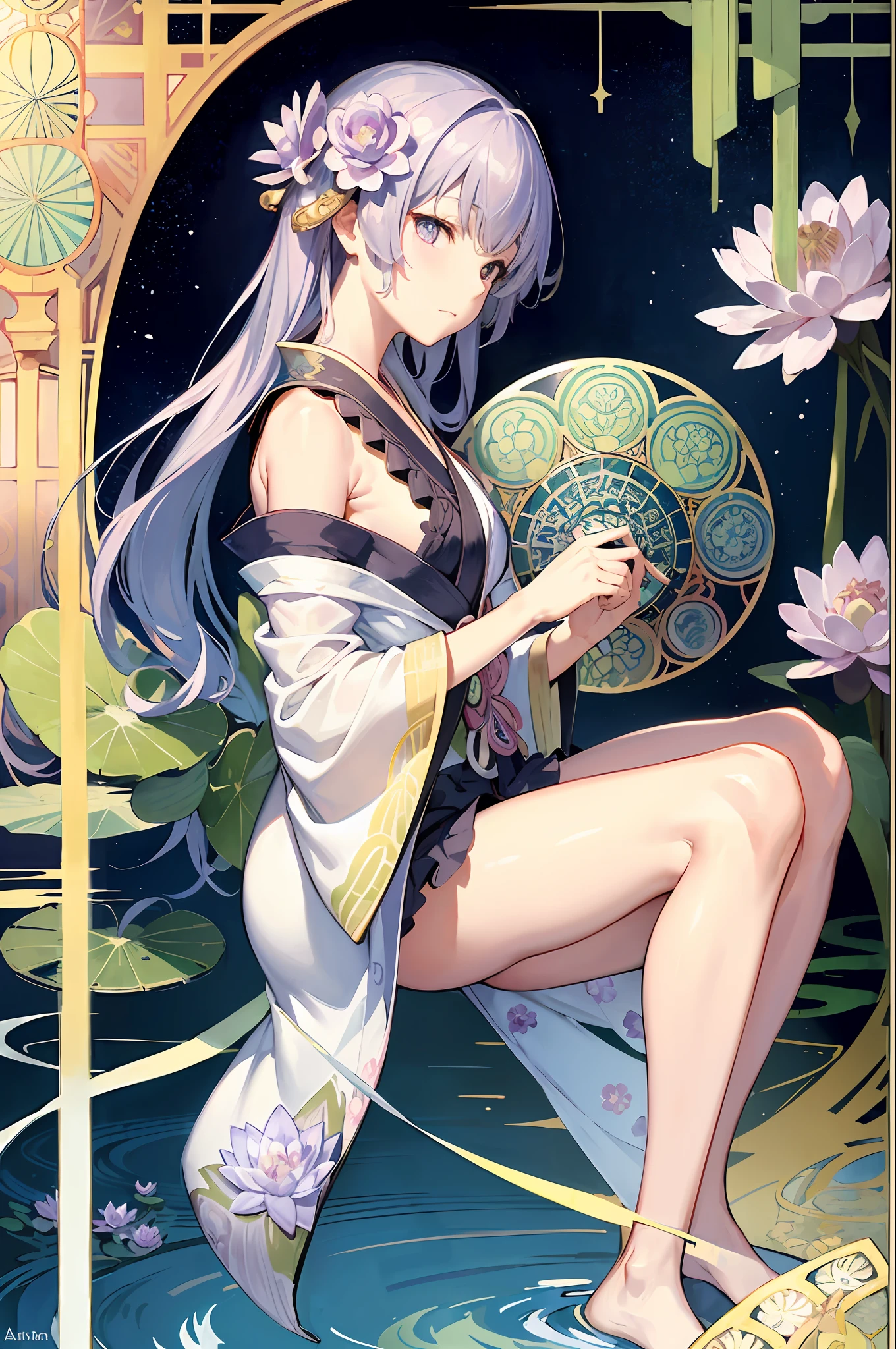 Personification of water lily flowers、wearing kimonos、adult lady、Frame Shrine、Decorative panel、abstract  art、By Alphonse Mucha (​masterpiece、top-quality、hight resolution: 1.4)、More about realism、intricate-detail、4K、color splashes、line-drawing、Fibonacci、Tarot Cards