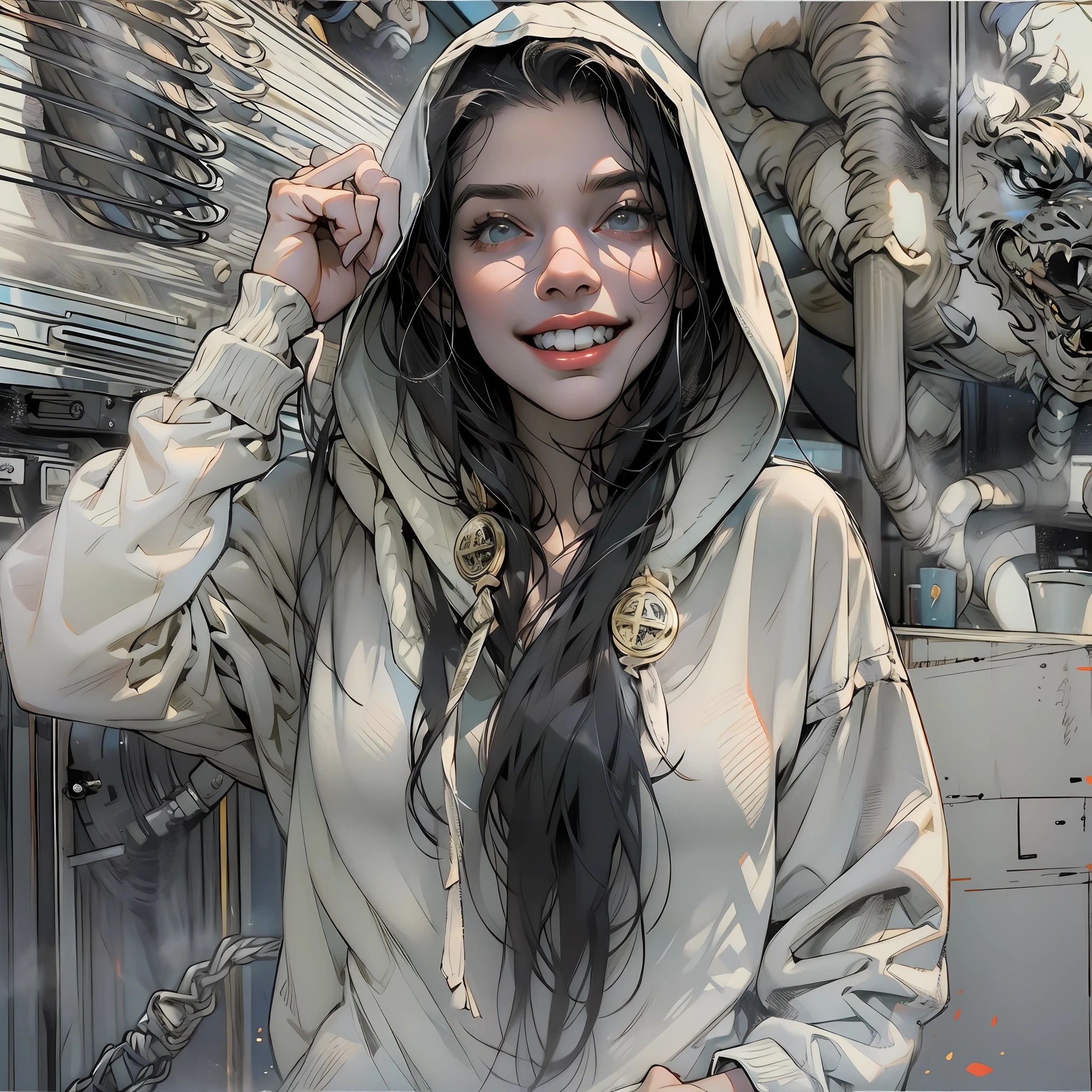 Naked hoodie, nijistyle, duas garotas, uma garota com uma blusa de moleton aberta mostrando os seios grandes e empinados, preparing coffee for your girlfriend, outra de calcinha e blusa curta, sorriso malicioso, cena sexy, lesbian, naked hoodie, nijistyle, (( melhor qualidade )), (( obra-prima))