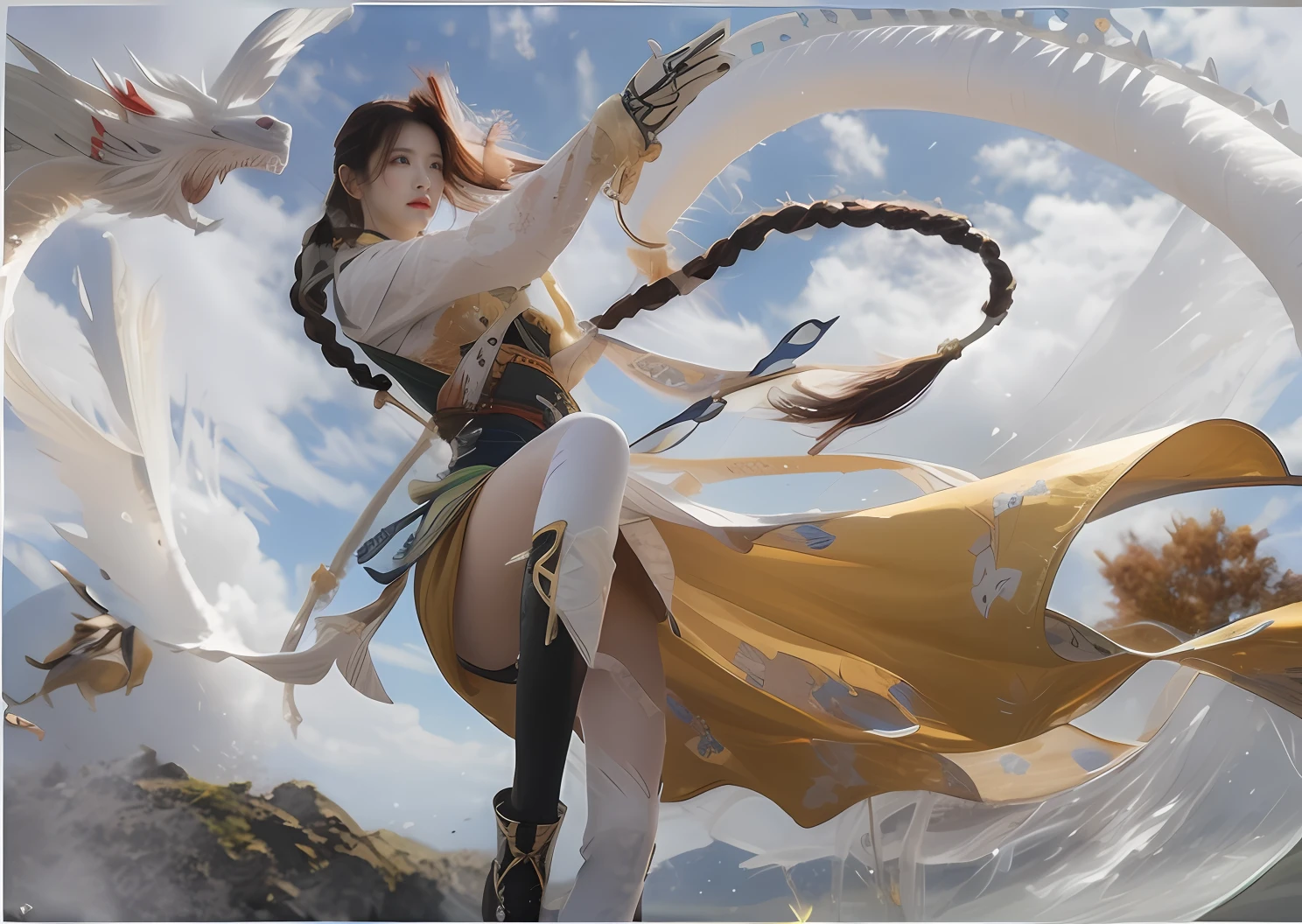 Female general of ancient China,详细的脸,Beautiful and dignified,Mighty and domineering,Blue bandana,black-long-braid,usa ropa blanca,Black armor,Wear white gloves on both hands,Each hand holds a plutonium,Yellow skirt,((((Wearing white stockings)))),Black combat boots,Feet in the clouds,Sky clouds in the background,In the upper left corner, The white dragon outcrop of ancient Chinese legends,high high quality,illustrious,best qualtiy,hyper HD,RAW photos