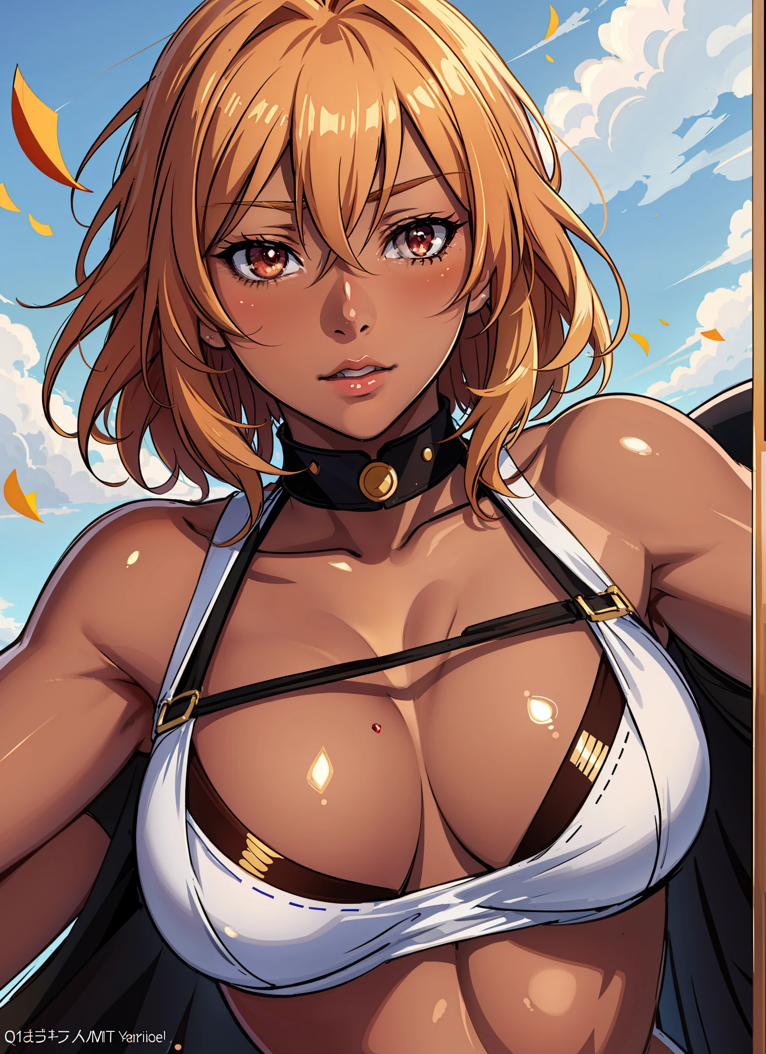 ((((An ultra-high picture quality、Fine-grained image quality、masuter piece、top-quality、Unusual look、Wear underwear on a shirt、Long body、large full breasts、Brown skin color、Gold Hair、short-hair、Red ruby-like eyes、South Island、Blowing wind、Split abs))))、(((Very marked camel toe))),((((darkskin)))),((sun burn))、Realistic skin type、an anime girl、Detailed Digital Anime Art、A seductive anime girl、extremely detailed art germ、a hyperrealistic schoolgirl、Ilyakukvshinov、Smooth Anime CG Art、Ultra Realistic Woman、ig model、ArtGerm、photo-realistic anime girl、digital anime art