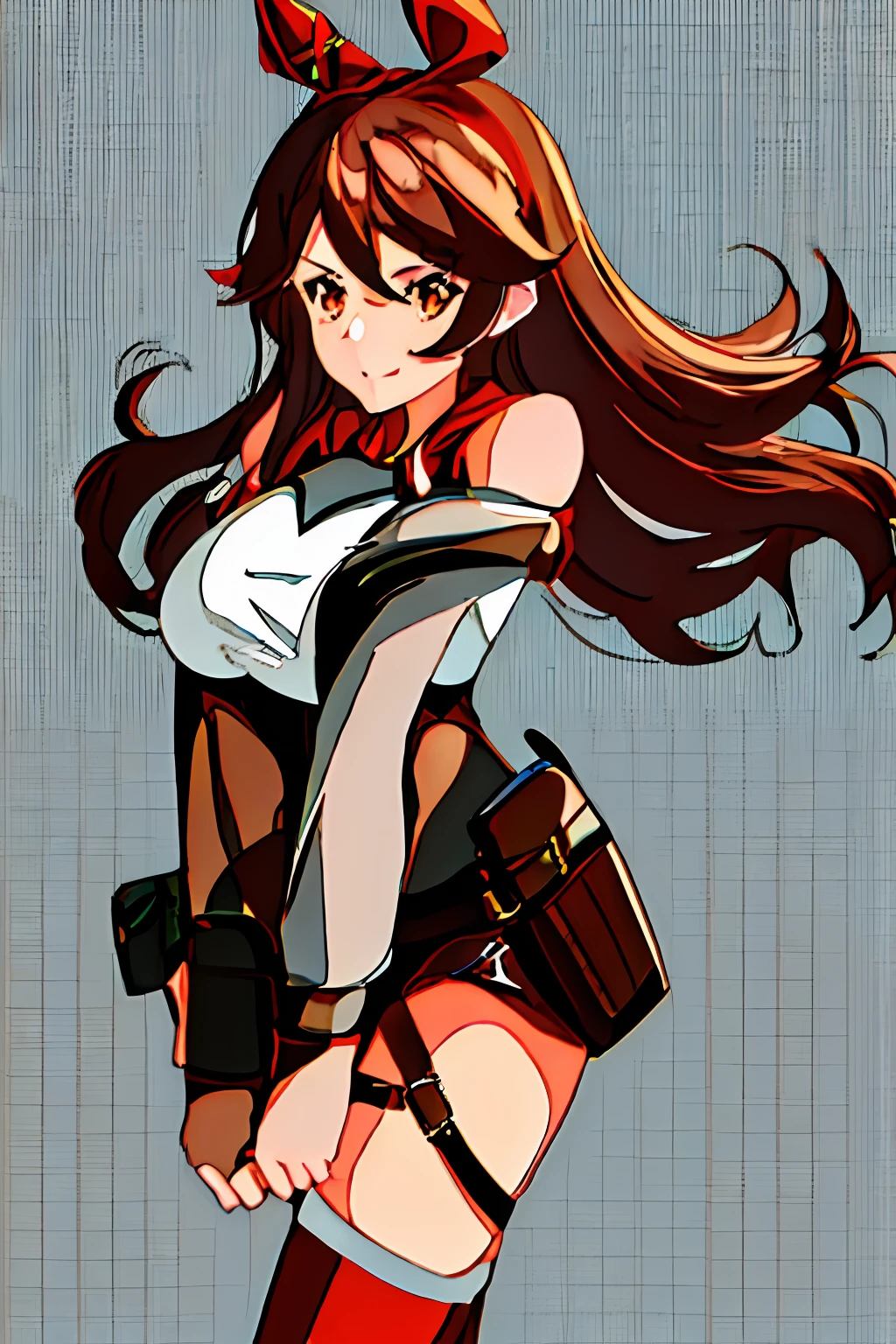 1girl, bare_shoulders, breasts, brown_hair,naked , heart, medium_breasts, midriff, navel, red_eyes, short_hair, smile, solo, standing, transparent_background, trembling,, multiple views of the same character, Subsurface scattering, rimlight, highly detailed, masterpiece, amber \(genshin impact\), brown eyes, brown hair, long hair, red hair ribbon, brown short shorts, leather gloves, pouch, thighhighs, white boots, medium breasts, cleavage cutout, shrug \(clothing\)