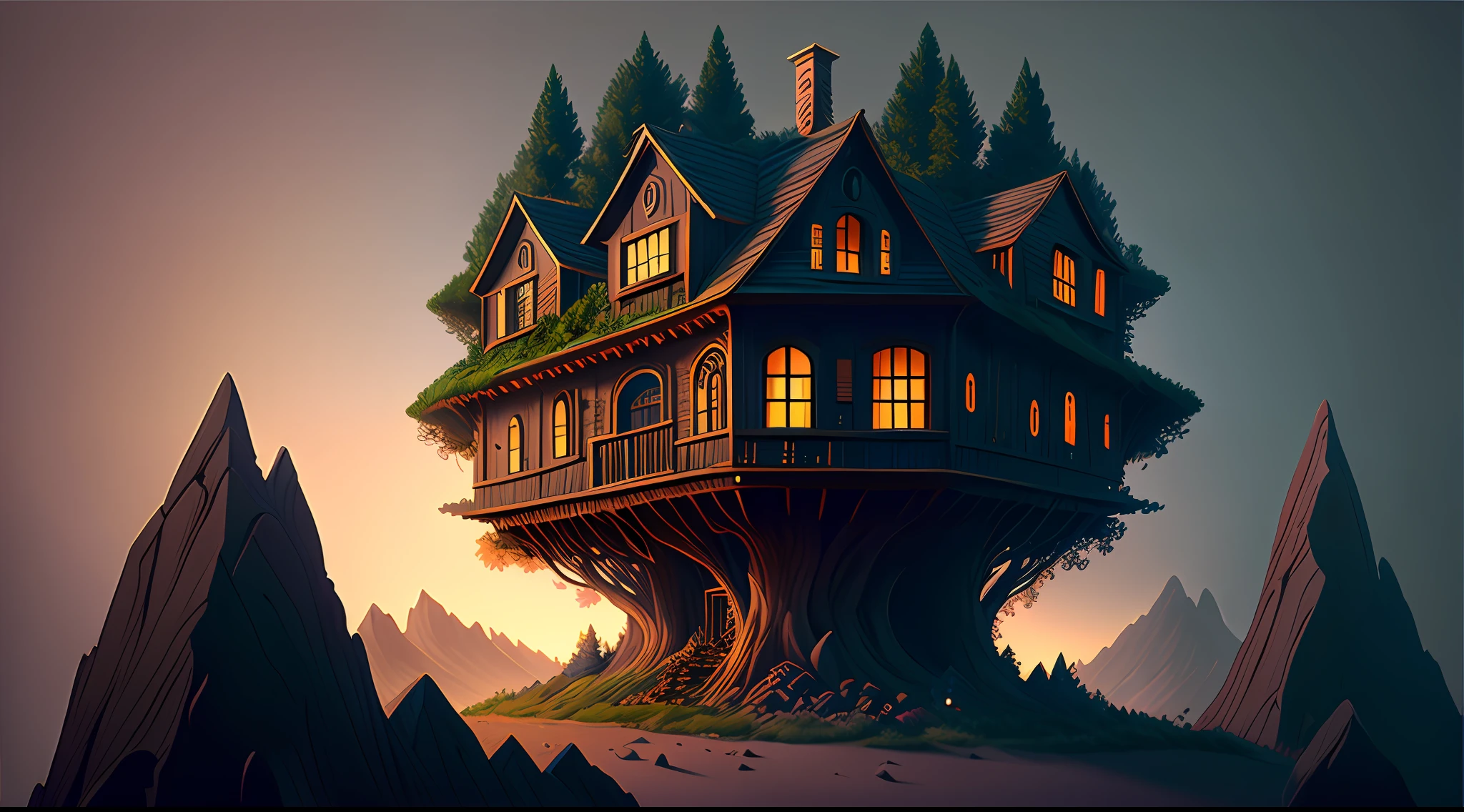 pixar style tree house on top of a hill, dark and scary forest background, unreal engine, artstation, detailed, digital painting, cinematic, character design by pixar, unreal 5, hyperrealistic, octane render, perfect composition, beautiful detailed intricate insanely detailed octane render trending on artstation, 8 k artistic photography, photorealistic concept art, soft natural volumetric cinematic perfect light, chiaroscuro, award - winning photograph, masterpiece, oil on canvas, raphael, caravaggio, greg rutkowski, beeple, beksinski, giger