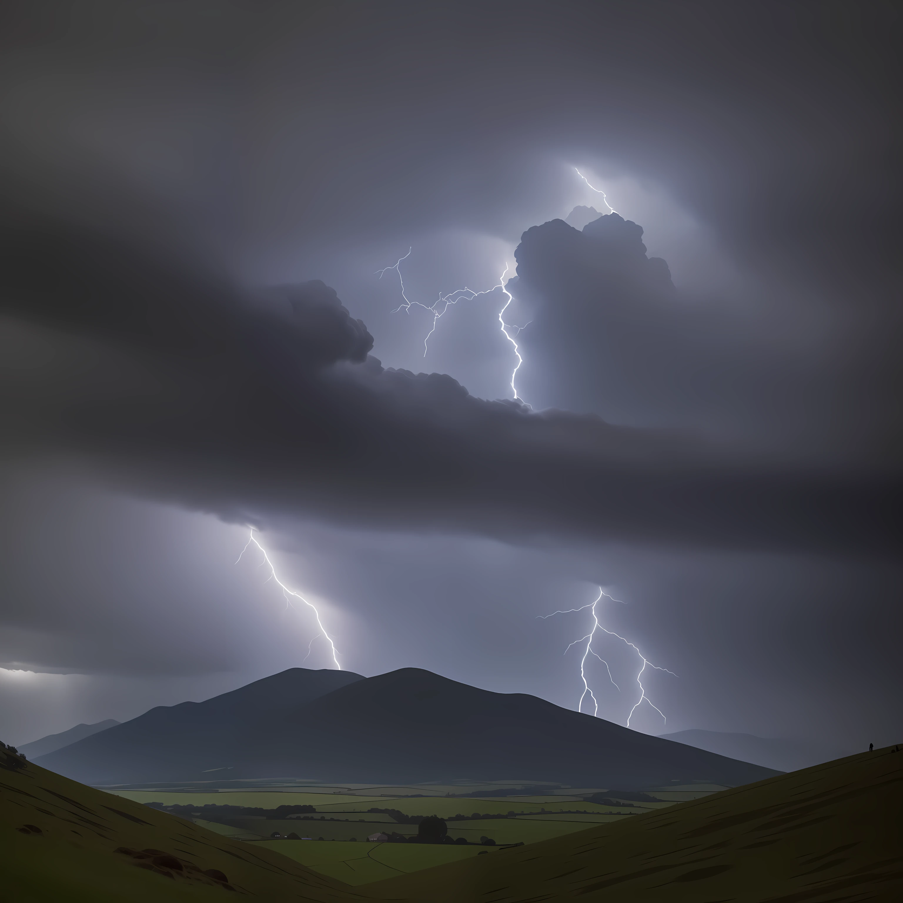 The sky is brooding, pregnant with an impending storm. Dark, menacing clouds swirl overhead, illuminated by periodic flashes of lightning that flare across the horizon. The mountains loom large against the tumultuous sky - their craggy peaks seem to scrape the underbelly of the clouds.
The wind whips through the mountain passes, howling an ominous warning of the tempest to come. It rustles through the long grass of the fields that spread out before me. In the distance, a lone figure makes his way along a winding path. He is a viking, stalwart and unafraid in the face of nature's wrath.
The clouds continue to build and blacken, casting deep shadows that stretch across the landscape. The air feels electric - charged with the energy of the gathering storm. A clap of thunder rattles the ground beneath my feet. Then the clouds erupt, unleashing their rain and fury upon the land.
The viking pauses for a moment, glancing up at the roiling skies. But he does not seek shelter. He continues on resolutely, the mountains rising around him as a testament to his hardened spirit. There is a sense of adventure here, being caught out in the elements as the storm crashes overhead. The wind howls, the thunder booms, and the lightning splits the sky, but still the viking marches onward, undaunted.