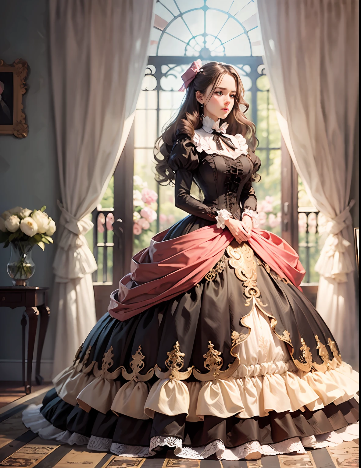 best quality, masterpiece, best definition, artwork, super detailed, many details, details, detailed, woman, 20 years, full body, full body, ball gown, super detailed dress, long dress, dress with many ruffles, dress with many bows, pink bows, victorian dress, detailed victorian dress, victorian dress with bows, pink, ruffles, perfect skin, whole body, brown hair.