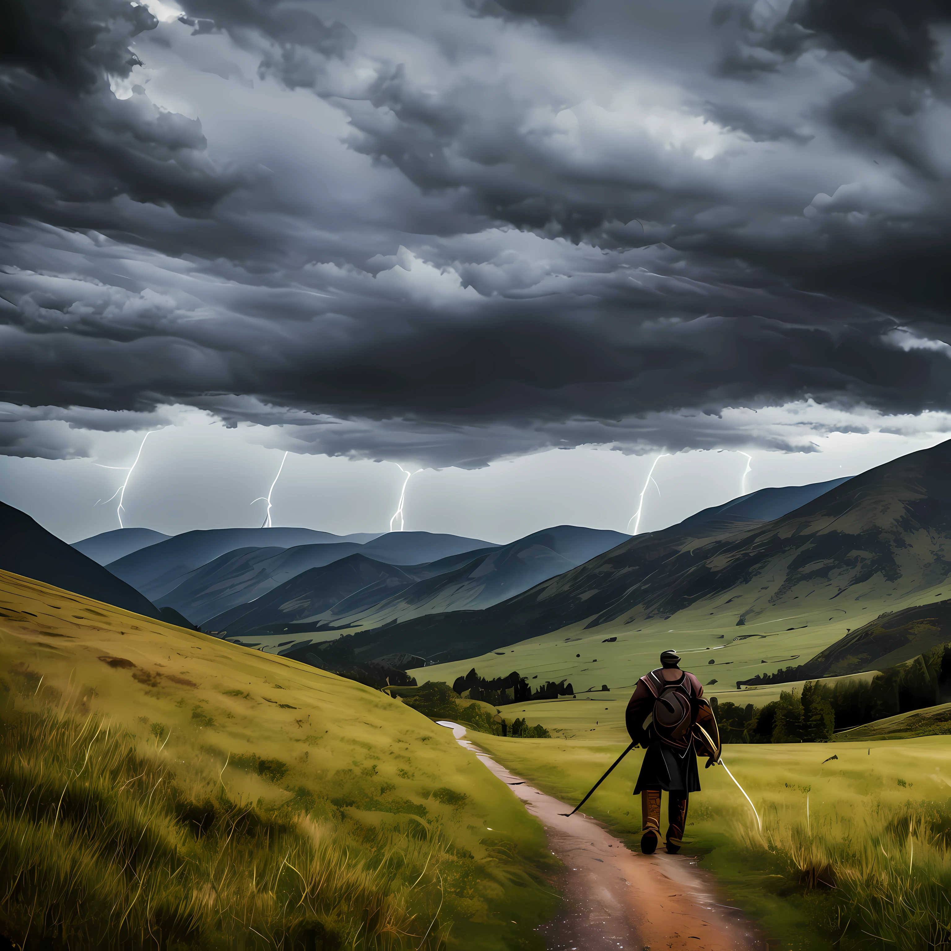 The sky is brooding, pregnant with an impending storm. Dark, menacing clouds swirl overhead, illuminated by periodic flashes of lightning that flare across the horizon. The mountains loom large against the tumultuous sky - their craggy peaks seem to scrape the underbelly of the clouds.
The wind whips through the mountain passes, howling an ominous warning of the tempest to come. It rustles through the long grass of the fields that spread out before me. In the distance, a lone figure makes his way along a winding path. He is a viking, stalwart and unafraid in the face of nature's wrath.
The clouds continue to build and blacken, casting deep shadows that stretch across the landscape. The air feels electric - charged with the energy of the gathering storm. A clap of thunder rattles the ground beneath my feet. Then the clouds erupt, unleashing their rain and fury upon the land.
The viking pauses for a moment, glancing up at the roiling skies. But he does not seek shelter. He continues on resolutely, the mountains rising around him as a testament to his hardened spirit. There is a sense of adventure here, being caught out in the elements as the storm crashes overhead. The wind howls, the thunder booms, and the lightning splits the sky, but still the viking marches onward, undaunted. --auto