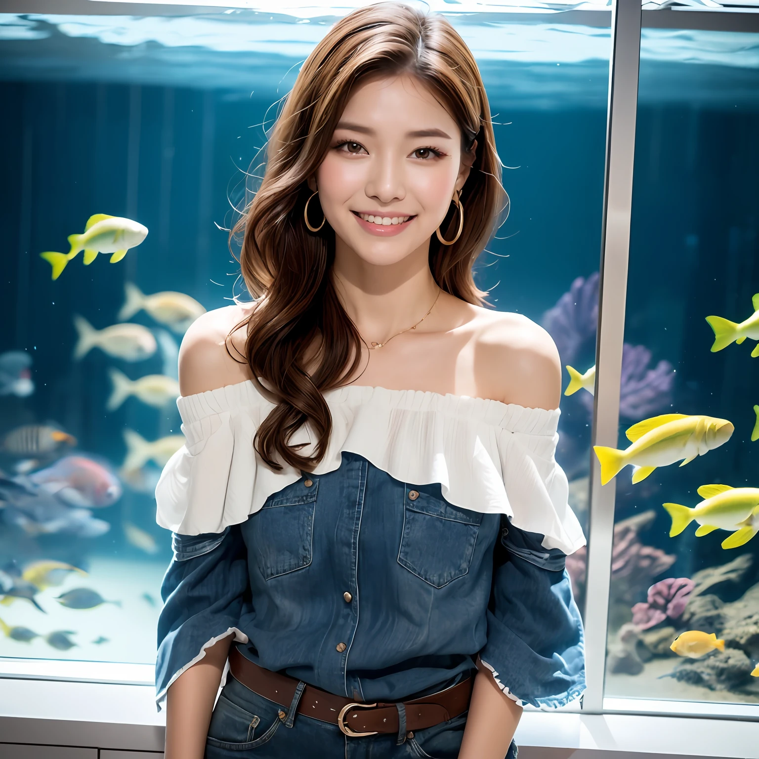 (masterpiece:1.3), high resolution, ultra detailed, extremely detailed CG unity 8k wallpaper, realistic, photo-realistic, RAW photo, beautiful detailed face, pale skin, realistic glistening skin, detailed cloth texture, detailed hair texture, Perfect Style, Beautiful Face, accurate, Anatomically correct, Highly detailed face and skin texture, natural neck length, (hands of high accurate that four fingers), (one thumb of of high accurate), (thin and beautiful fingers), 
BREAK, 
Detailed eyes, symmetric eyes, Brown eyes, Double eyelids, Thin eyebrows, (Sexy Lips:1.3), (Glossy lips:1.4), (embarrassed smile:1.2), 
BREAK, 
((Innocent and Cute girl:1.3)), ((wearing a off-shoulder White blouse:1.4)), (beautiful clavicle), (Gold strings belt), (denim pants:1.2), (cross strap high heels:1.2), 
(necklace, bracelet), ((clutch bag over shoulder, large hoop earrings, pinky ring:1.2)), (Wearing sunglasses on top of their head),
BREAK, 
Layered Hairstyle, (brown hair:1.2), (wavy hair:1.2), medium long hair, 
large breasts, (firm breast), (nicely shaped breasts:1.1), 
BREAK, 
((Standing together In front of the aquarium:1.2), ((looking sideway at viewer:1.2)), 
((Cowboy shot:1.3)), (Focus on face:1.2), (from side:1.1),