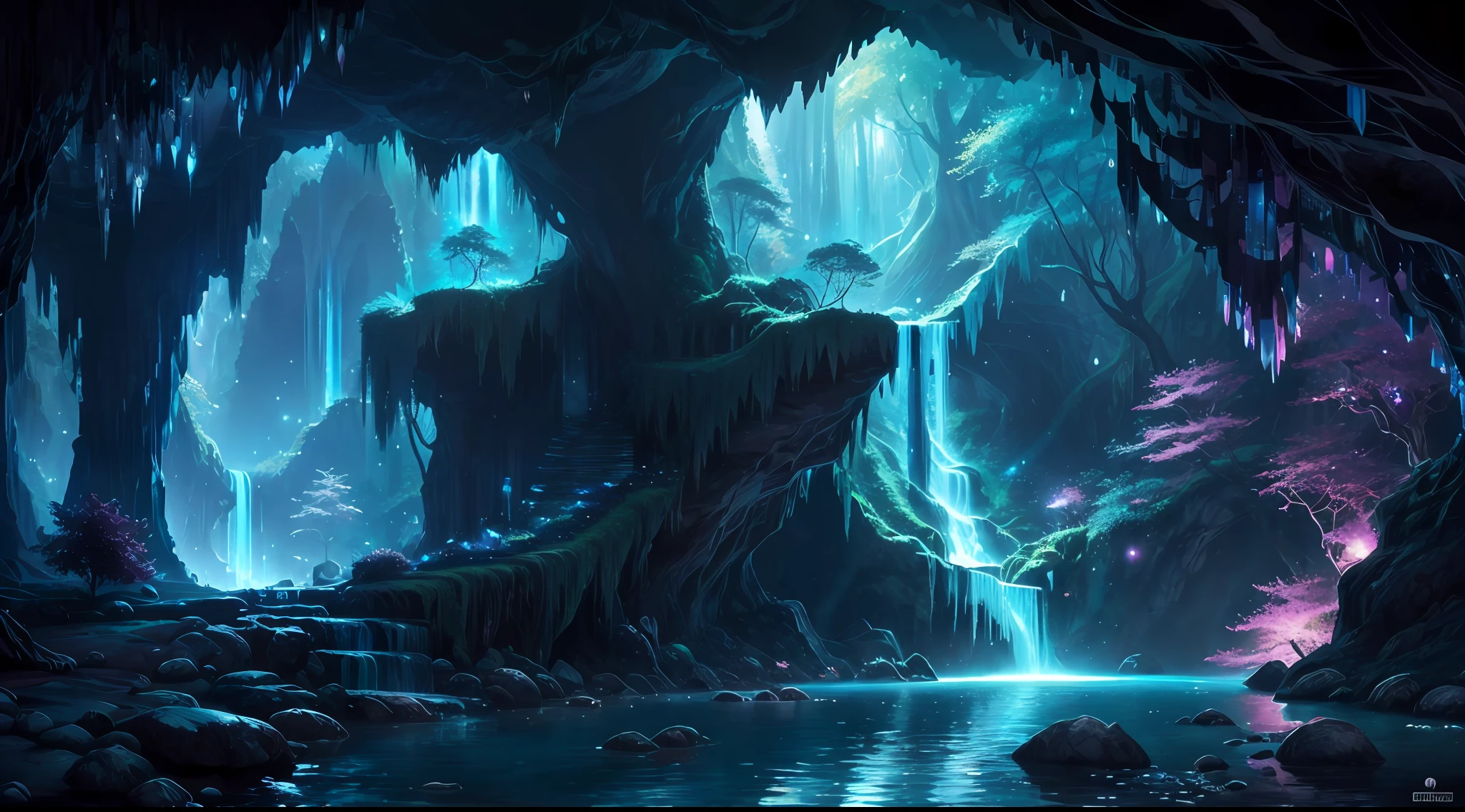 An enchanting and magical waterfall that flows from a hidden cave, with glowing crystals that illuminate the water and create a surreal and otherworldly atmosphere, surrounded by a fantastical landscape of towering trees and mystical creatures, artstation, digital painting, highly detailed, trending, vibrant colors