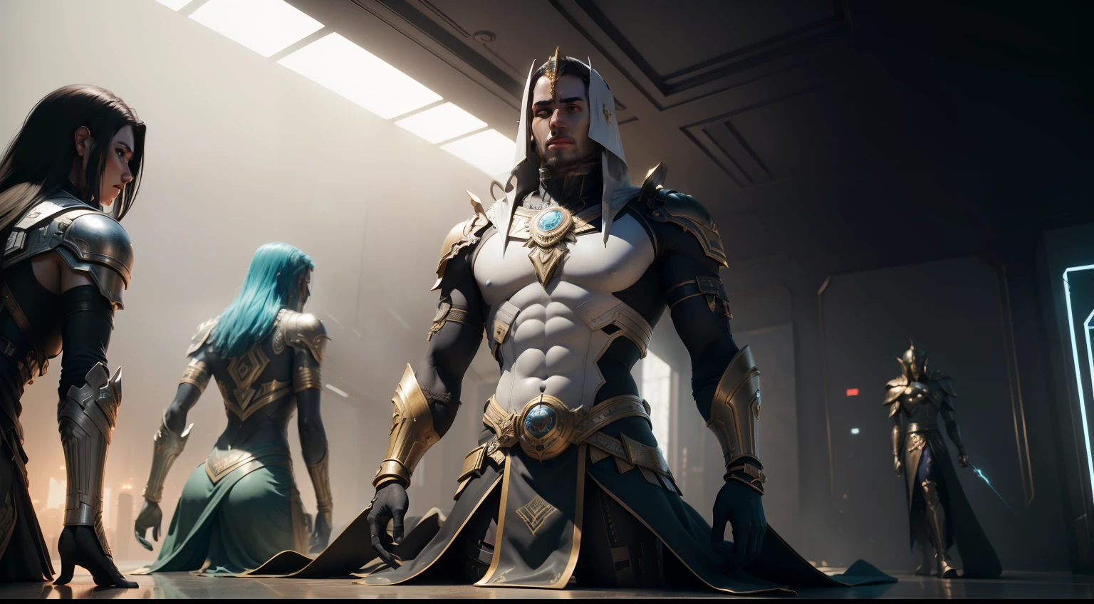 ((Best quality)), ((masterpiece)), (detailed:1.4), 3D, cyberpunk post apocalyptic council of multiple anunnaki male gods in futuristic egyptian clothing ,HDR (High Dynamic Range),Ray Tracing,NVIDIA RTX,Super-Resolution,Unreal 5,Subsurface scattering,PBR Texturing,Post-processing,Anisotropic Filtering,Depth-of-field,Maximum clarity and sharpness,Multi-layered textures,Albedo and Specular maps,Surface shading,Accurate simulation of light-material interaction,Perfect proportions,Octane Render,Two-tone lighting,Wide aperture,Low ISO,White balance,Rule of thirds,8K RAW,