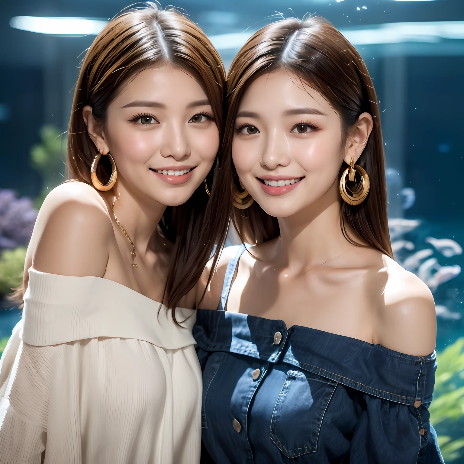 (masterpiece:1.3), high resolution, ultra detailed, extremely detailed CG unity 8k wallpaper, realistic, photo-realistic, RAW photo, beautiful detailed face, pale skin, realistic glistening skin, detailed cloth texture, detailed hair texture, Perfect Style, Beautiful Face, accurate, Anatomically correct, Highly detailed face and skin texture, natural neck length, (hands of high accurate that four fingers), (one thumb of of high accurate), (thin and beautiful fingers),
BREAK,
Detailed eyes, symmetric eyes, Brown eyes, Double eyelids, Thin eyebrows, (Sexy Lips:1.3), (Glossy lips:1.4), (embarrassed smile:1.2),
BREAK,
((Innocent and Cute girl:1.3)), ((wearing a off-shoulder White blouse:1.4)), (beautiful clavicle), (Gold strings belt), (denim pants:1.2), (cross strap high heels:1.2),
(necklace, bracelet), ((clutch bag over shoulder, large hoop earrings, pinky ring:1.2)), (Wearing sunglasses on top of their head),
BREAK,
Layered Hairstyle, (brown hair:1.2), (wavy hair:1.2), medium long hair,
large breasts, (firm breast), (nicely shaped breasts:1.1),
BREAK,
((Standing together In front of the aquarium:1.2), ((looking sideway at viewer:1.2)),
((Cowboy shot:1.3)), (Focus on face:1.2), (from side:1.1),