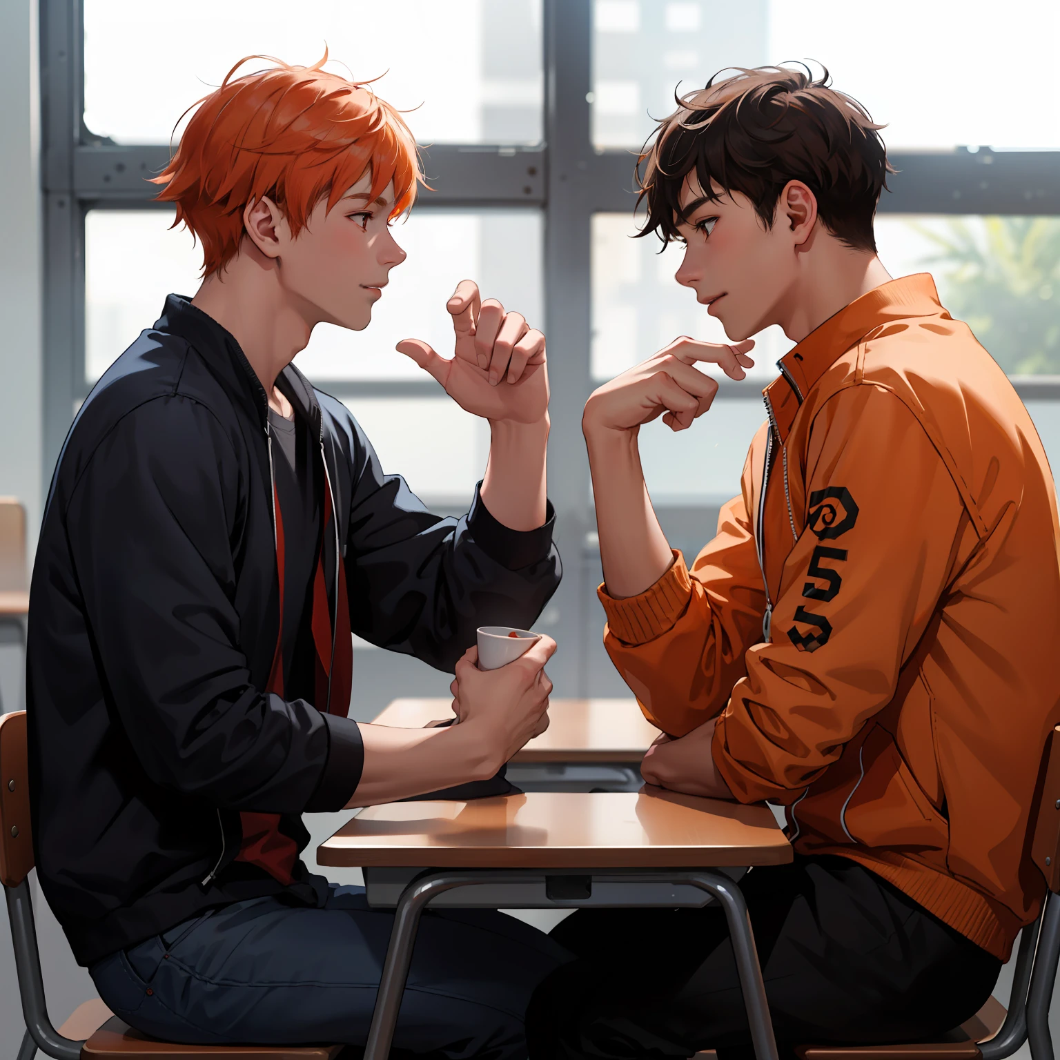 Two 15-year-old orange-haired teenage friends are talking, conversan, parlen  en la escuela de que son casi amigos de hermanos... (usar los mismo personajes)