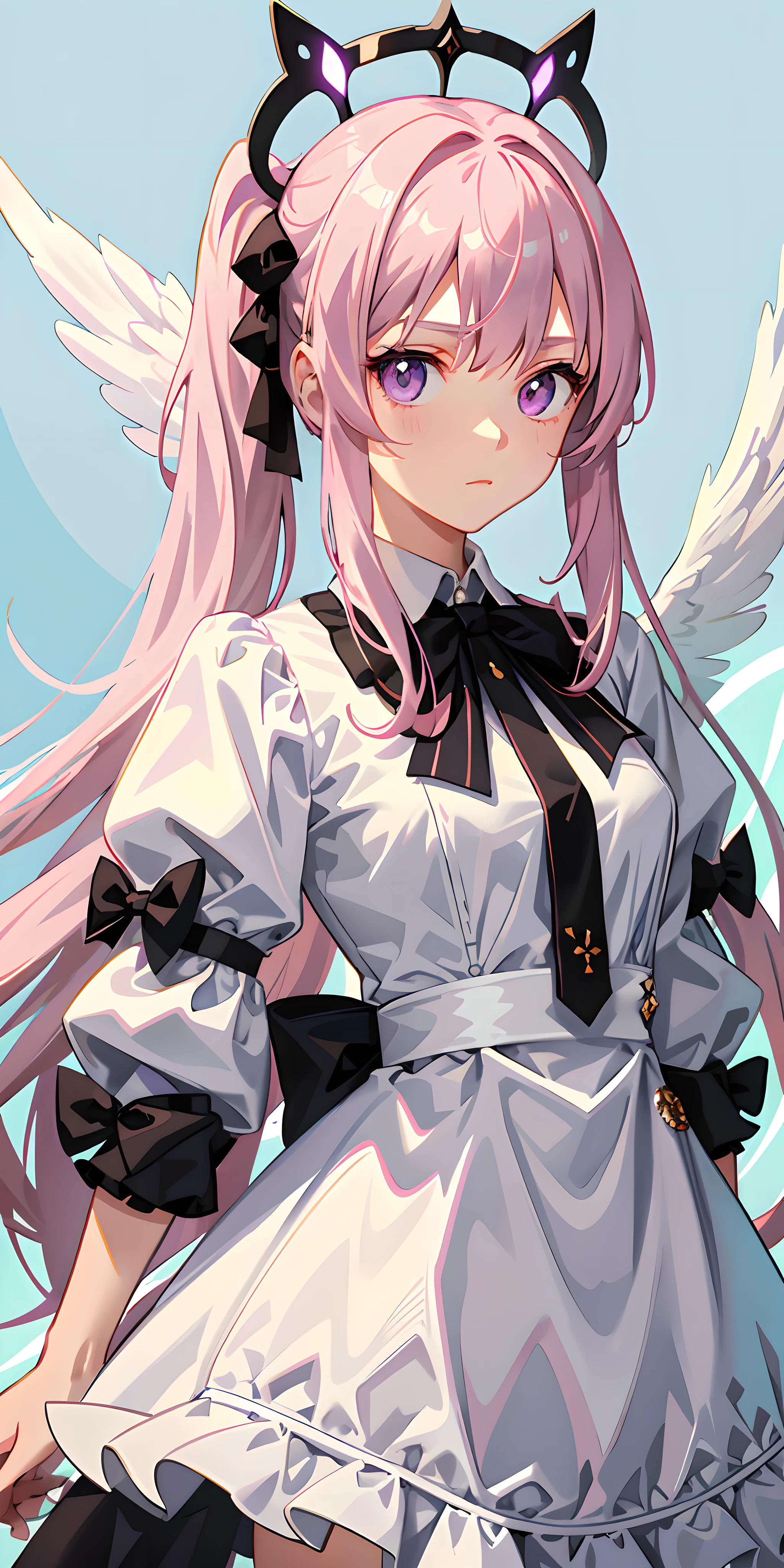 The girl was expressionless, angel, Animate, The upper part of the body_Body, Very long hair, pony tails, hair intakes, Messy floating pink hair, Beautiful face, extremely detailed cute anime face, Purple eyes, bow ribbon, Halo, angel wing, White_dress, flowingwater, detailed ice, Surreal, facing the front there,