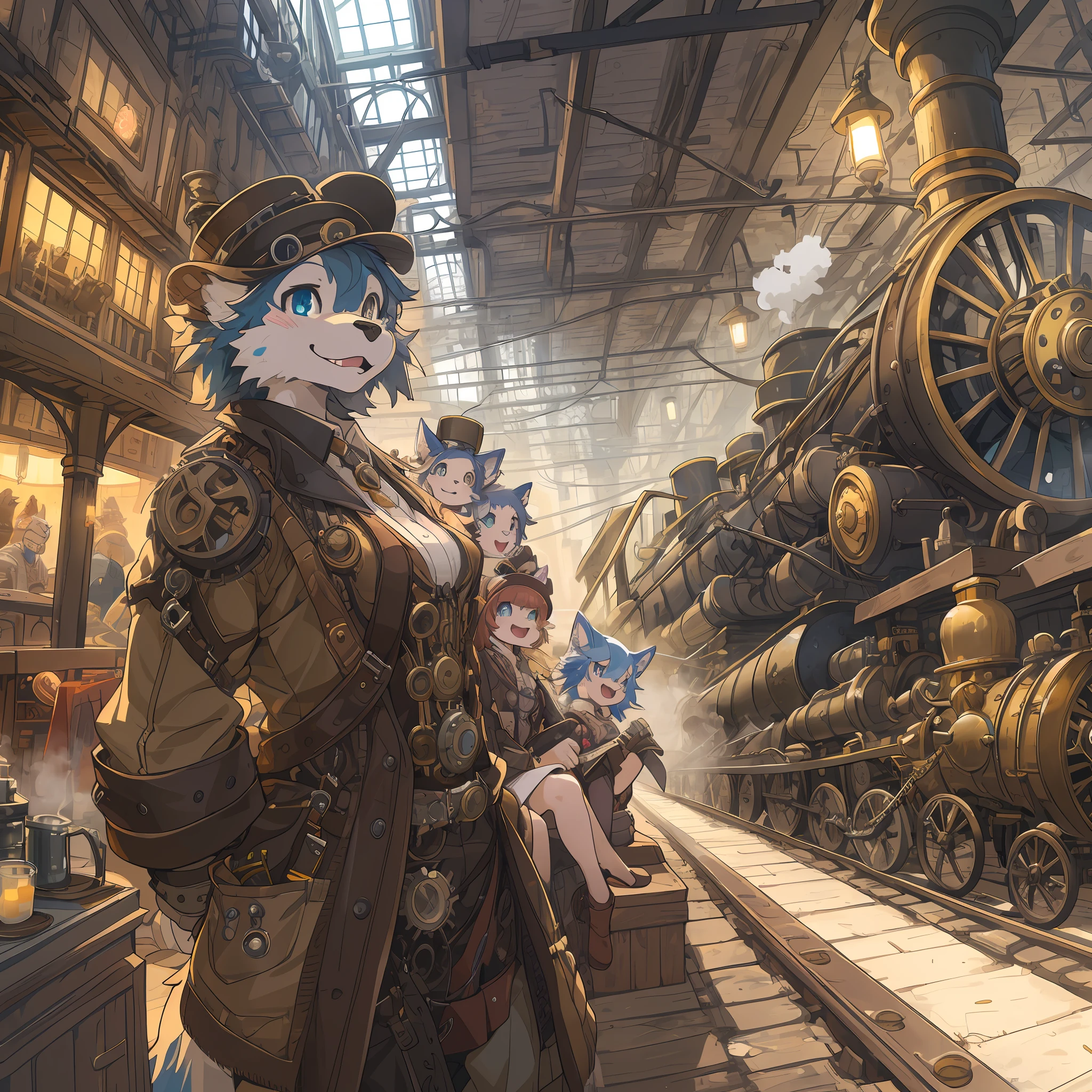 dynamic angle, top quality, best quality, High-quality illustrations, masterpiece, super high resolution, detailed background, detailed backgroundsteampunk, Steam engines, gear wheel, group shot:0.1, 6+boys, 6+girls, Happy, joyful, absurdres(highly detailed beautiful face and eyes)perfect anatomy(kemono, furry anthro),