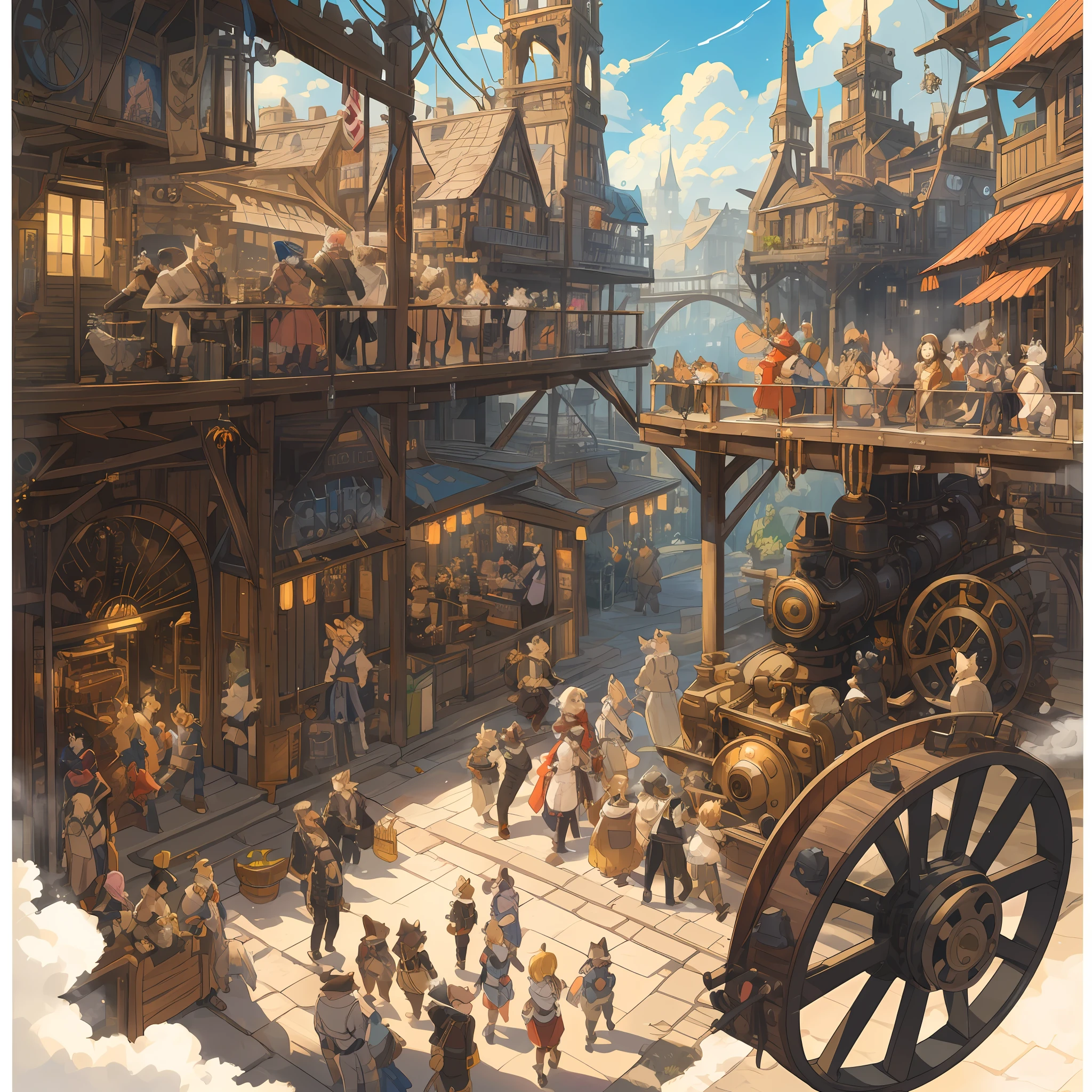 dynamic angle, top quality, best quality, High-quality illustrations, masterpiece, super high resolution, detailed background, detailed backgroundsteampunk, Steam engines, gear wheel, group shot:0.1, 6+boys, 6+girls, Happy, joyful, absurdres(highly detailed beautiful face and eyes)perfect anatomy(kemono, furry anthro),