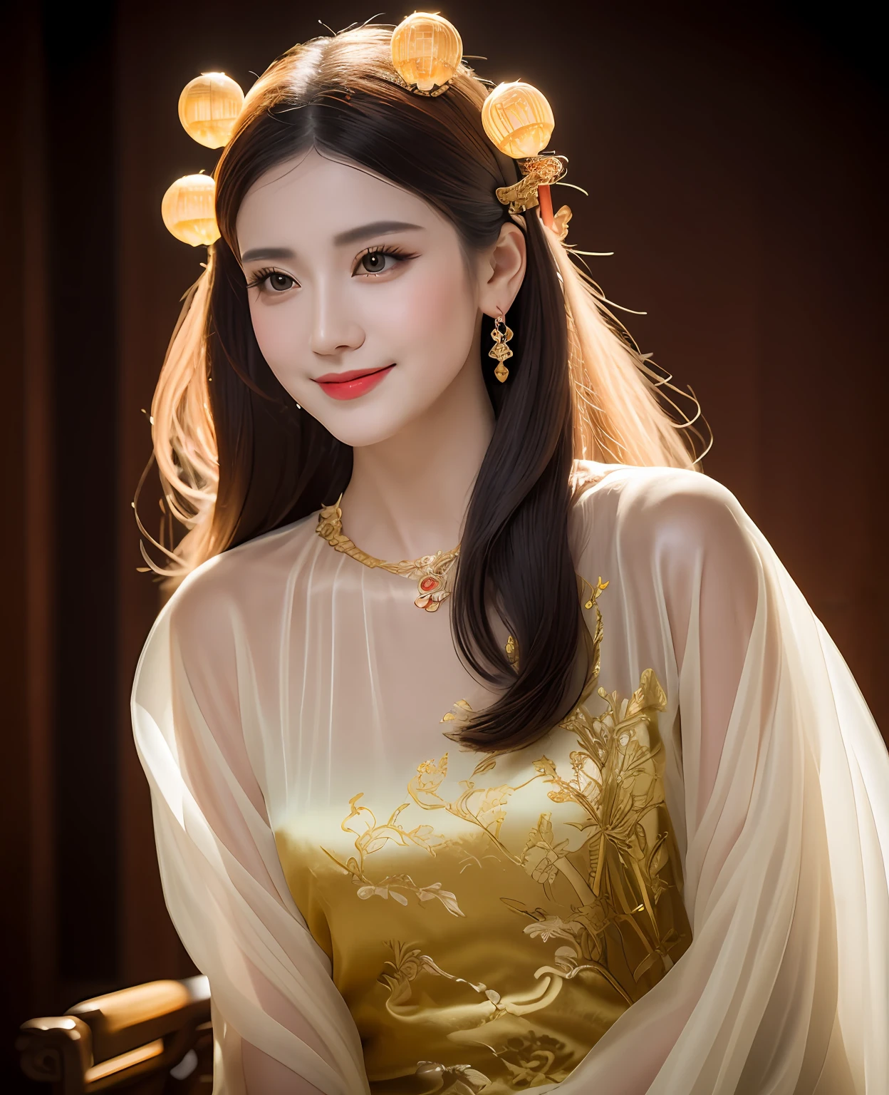 Best quality,masterpiece,high resolution,1 girl,(hanfu:1.2),(gold thread stitching:1.1),White translucent silk dragon robe,(Translucent Silk Dragon Robe:1.3),(Inside the ancient Chinese palace:1.2),(smile:1.1),lips,dress,(hair accessories:1.2),(Ancient Chinese dragon chair:1.3),necklace,(jewelry:1.1),long hair,Medium chest,earrings,delicate beautiful eyes,delicate eyelashes,beautiful face,upon_body,tyndall effect,(realistic:1.2),edge lighting,two-tone lighting,(high detail skin:1.2),8K UHD,DSLR camera,soft light,high quality,volumetric light,snapshot,(photo:1.1),high resolution,supreme,high resolution,detailed eyelashes,beautiful face,body,tyndall effect,two-tone lighting,(high detail skin:1.2),8k ultra high definition,soft light,high quality,volumetric lighting,candid shooting,(low angle shot:1.1),