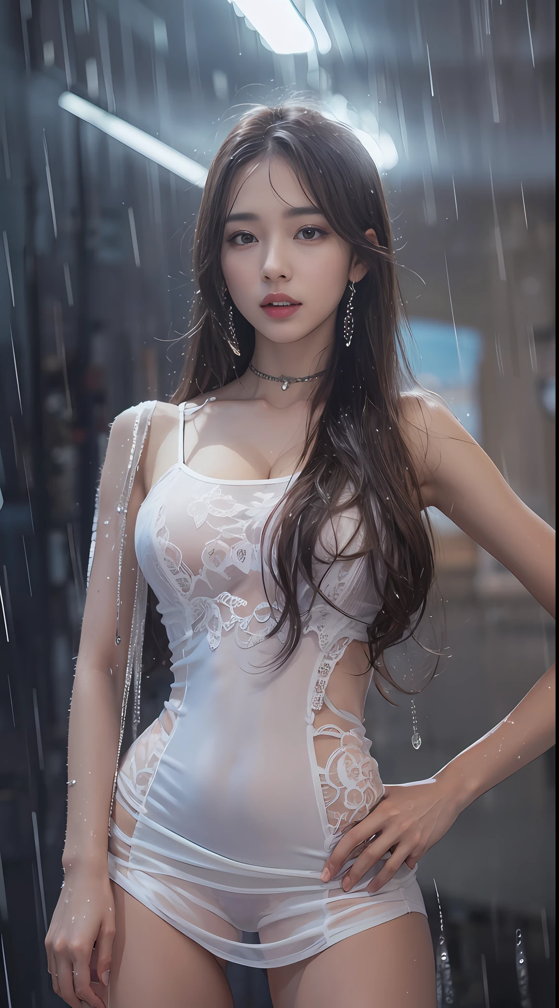 Strong realism，（best qualtiy，4K，tmasterpiece：1.3），Pretty women，Wearing a transparent white dress，1girll，Raised sexy：1.1，dark brown  hair：1.1，（Wet with rain，Wet with rain，Get wet：1.2），Gilet blanc，No bra，Super detailed face，Detailed lips，A detailed eye，二重まぶた