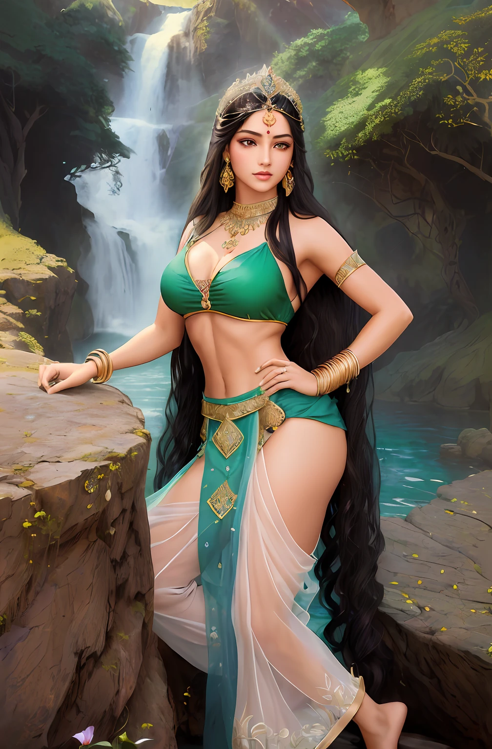 ((realistic:1.5)),((best quality)), ((masterpiece)),((detailed)), (1girl), 2girls,duo,{a beautiful female wearing a Sari}, (upper body:1.3),super-wide-angle lens,face focus, mature,sexy,toned muscles,long legs,curvy, barefoot, medium breasts, open cleavage, drooping breasts, thick thighs,wide hips, thin legs, green eyes,long black hair,floting hair,long eyelashes, (detailed face,beautiful eye, detailed pupilss,detailed clothes features, clear background:1.3), (Bindi,Jhumkas:1.3), (Armlet, Haar, Payal,Maang Tikka,Jhumkas,Kamarband,Bangles:1.3), mysterious ancient ruin, lush forests, deep canyons,bridge,river,cliff,cloud, lakes,rock,waterfalls, flowers, grass,vine,tree,bright details,sharp,perfect composistion, Intricate, Sharp focus, dramatic, by Frank Frazetta,by Julie Bell,by Olivia De Berardinis,by Luis Royo,by boris vallejo, princesses, royal skimpy underwear, hugging and touching each other, teasing her friend's waist, gasping friend, biting her friend's ear lobe, squatting