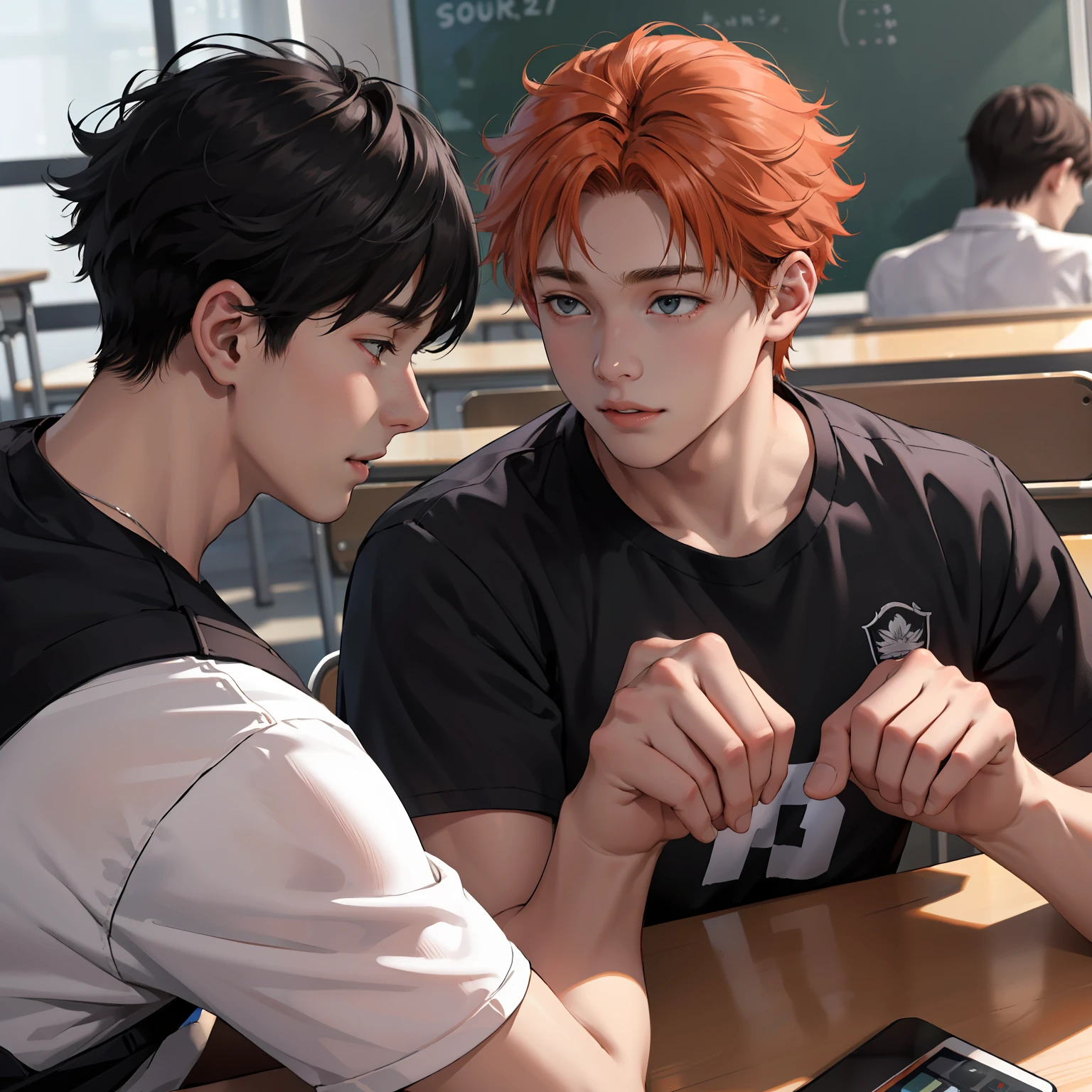 Two 15-year-old orange-haired teenage friends chatting at school share a secret that they're almost friends with siblings... (usar los mismo personajes)