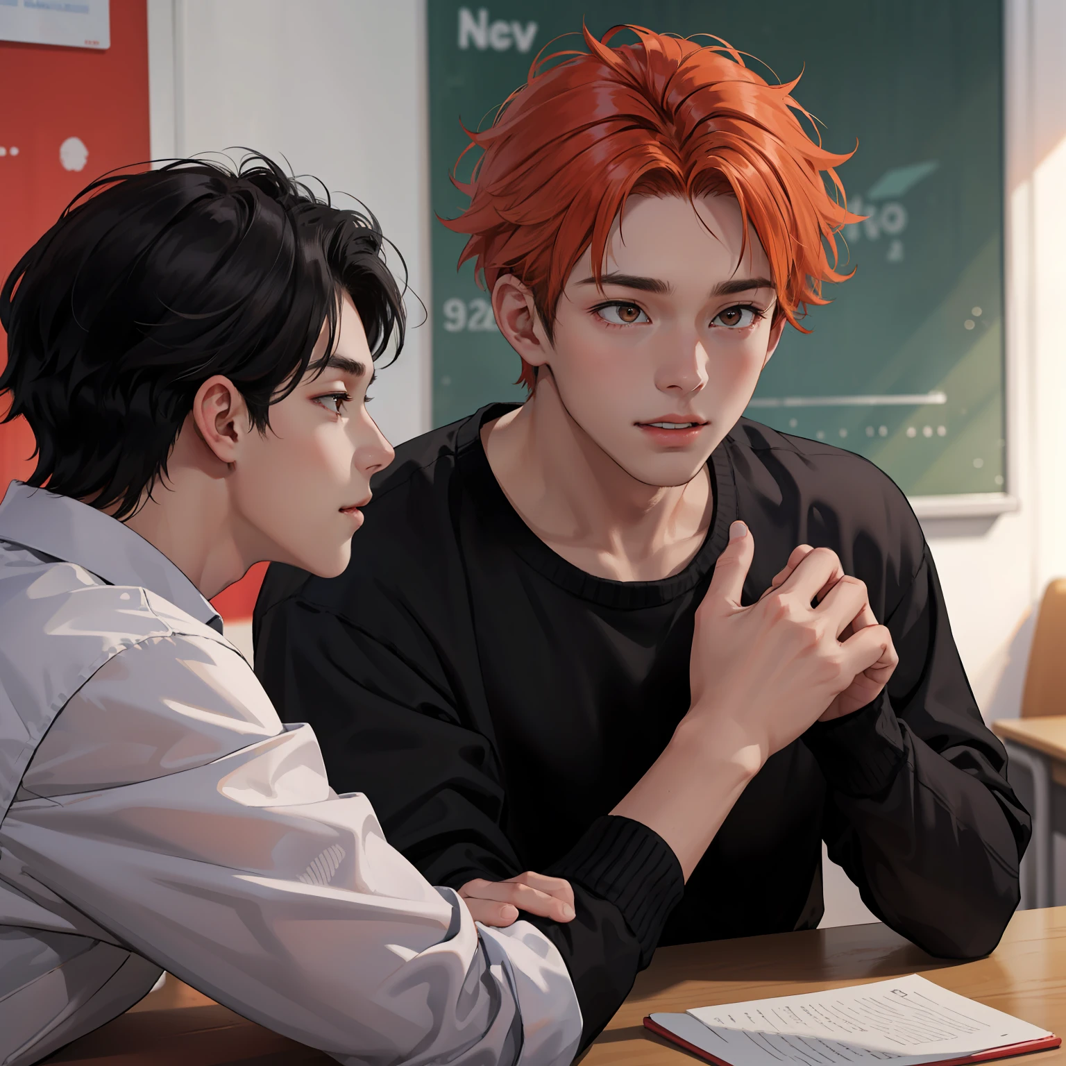 Two 15-year-old orange-haired age friends chatting at school share a secret that they're almost friends with siblings... (usar los mismo personajes)