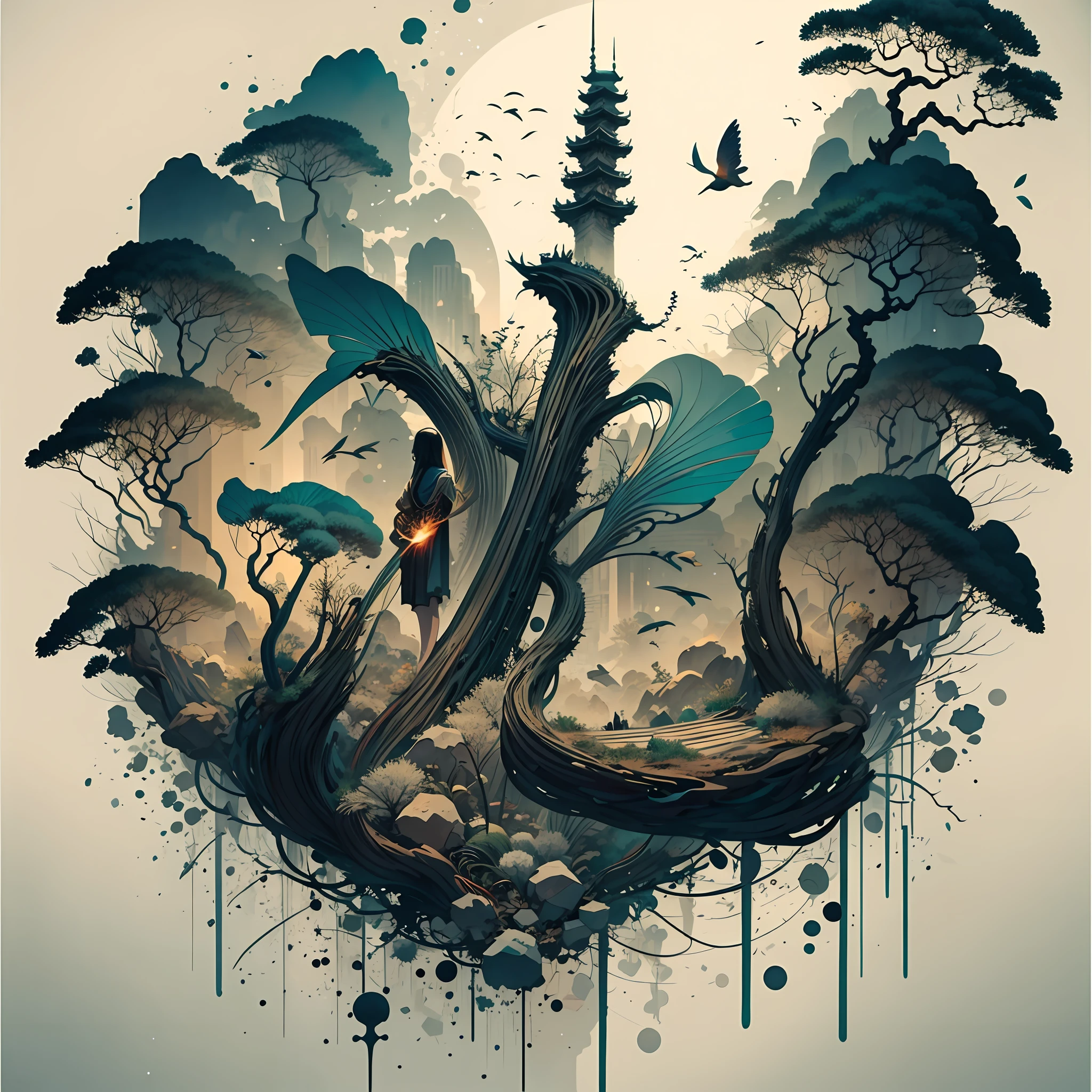 Absurd, high resolution, ultra-detailed, (1 girl:1.3), broken, design a beautiful temple scene, intricate architecture, lush gardens, and a sense of peace and spirituality. Broken, creating an image of a destructive demon with terrifying features, dark powers, and a thirst for chaos and destruction. Broken, designed with a fisheye effect image that captures a wide field of view with a unique curved viewing angle. Break to create rooftop views in urban environments with panoramic cityscapes, dramatic skylines, and a sense of elevation. Break , illustrating the tender moments between parents and children, capturing their bonds, love, and connection. Broken, using pointillism to illustrate images, carefully placed tiny dots of color to create a cohesive and visually stunning whole.