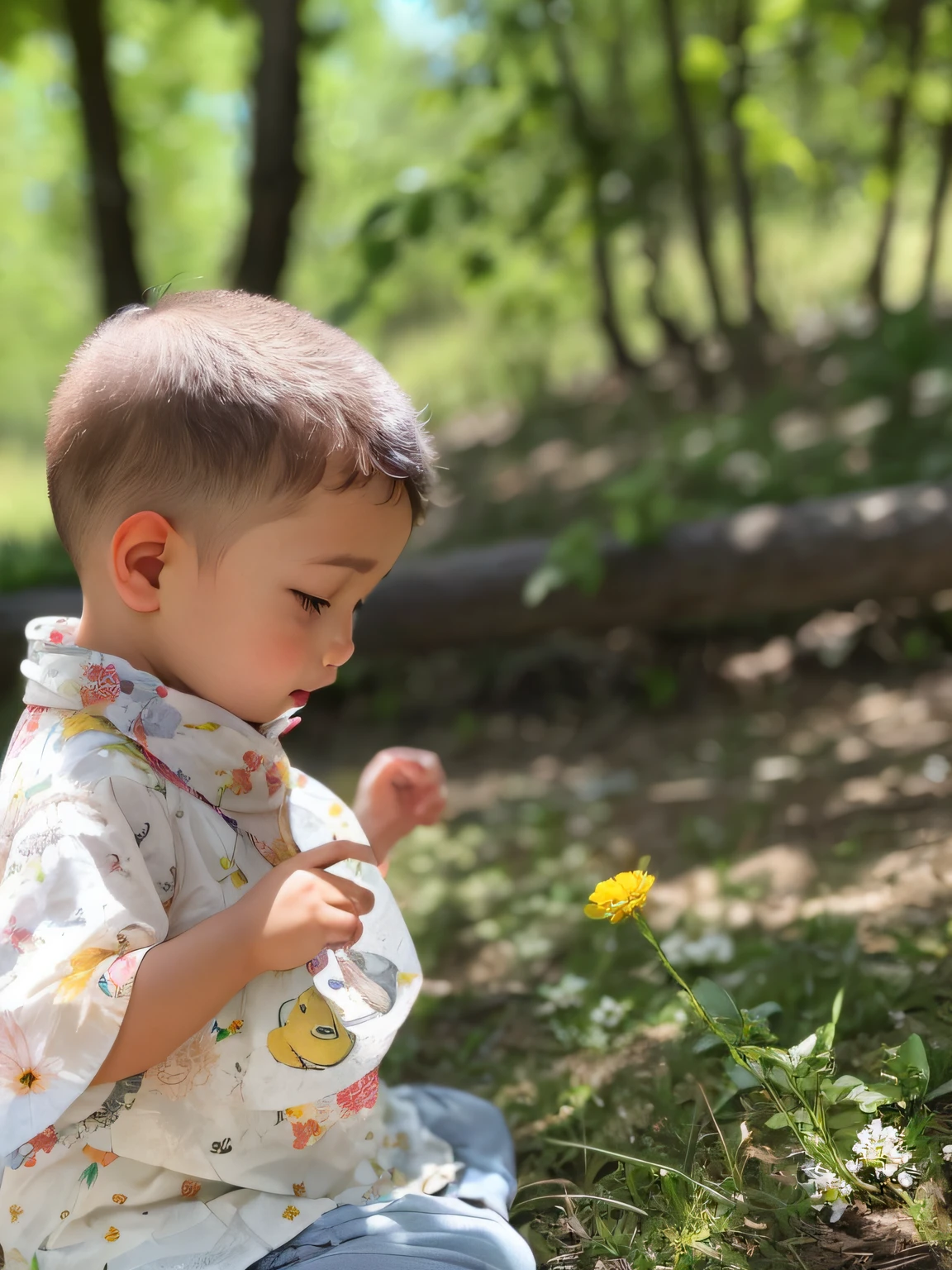 There was a  sitting on the ground with a flower, picking up a flower, Holding a flower, picking flowers, in the middle of nature, in a field of flowers, In nature, in a field with flowers, enjoying a stroll in the forest, in harmony with nature, 2 years old, sy field, holding magic flowers, sitting in a field of flowers