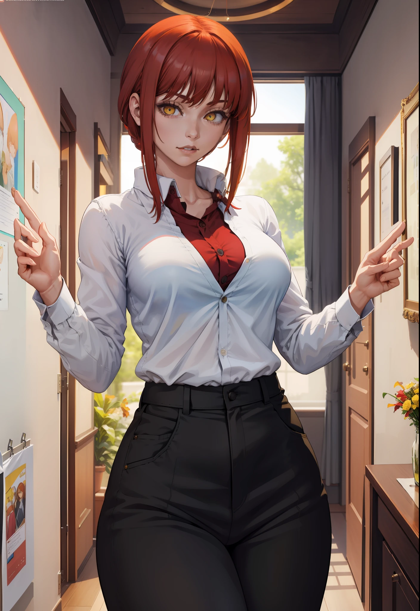 (masterpiece, best quality:1.2), solo, 1girl, red hair, yellow eyes, makima,, unbuttoned shirt with collar, on the chest, a lot of, black unbuttoned pants, wide hips,