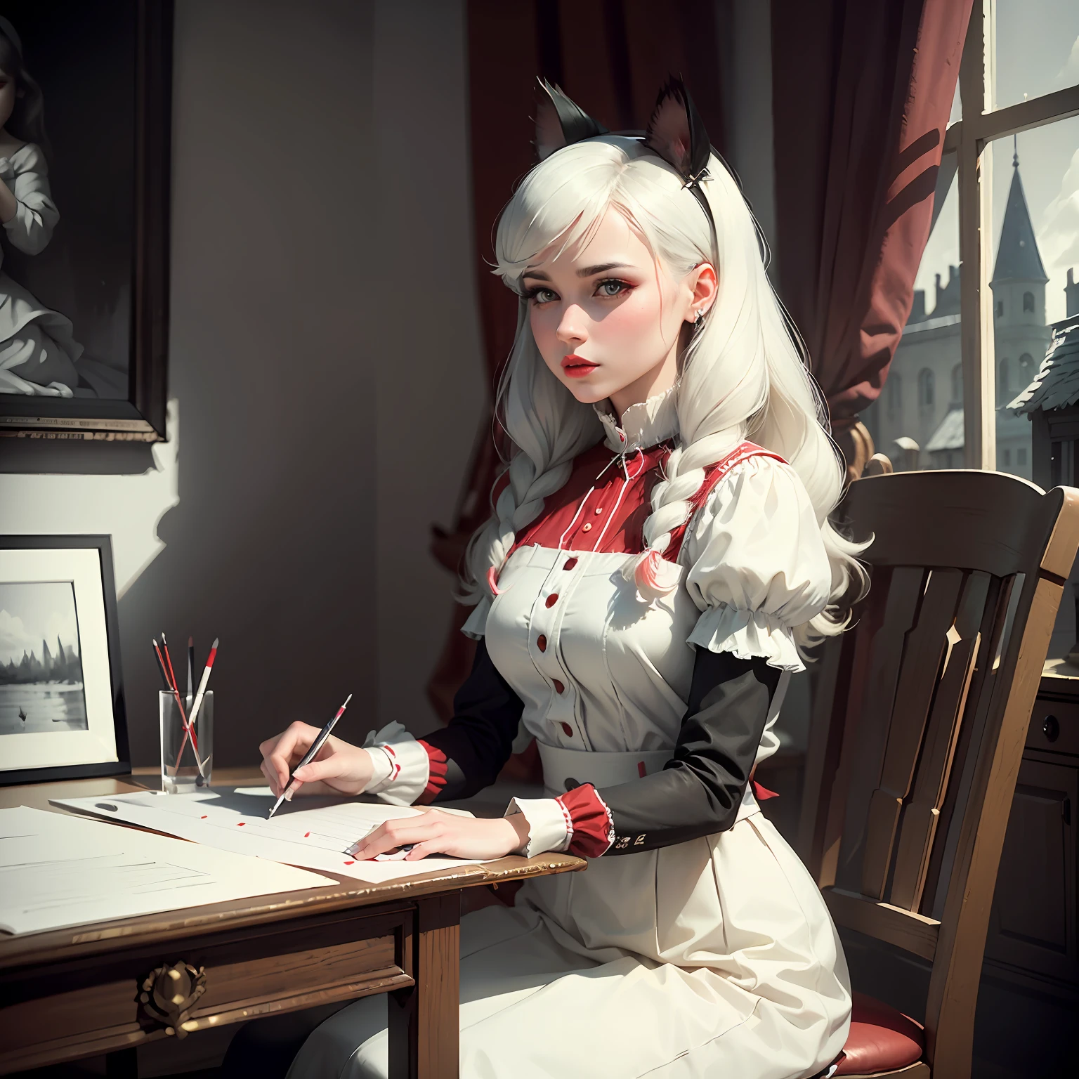a woman with red lipstick and a white white, in the style of anaglyph filter, black and white art, briana mora, singular focus, drawing machines, kitty lange kielland, blink-and-you-miss-it detail