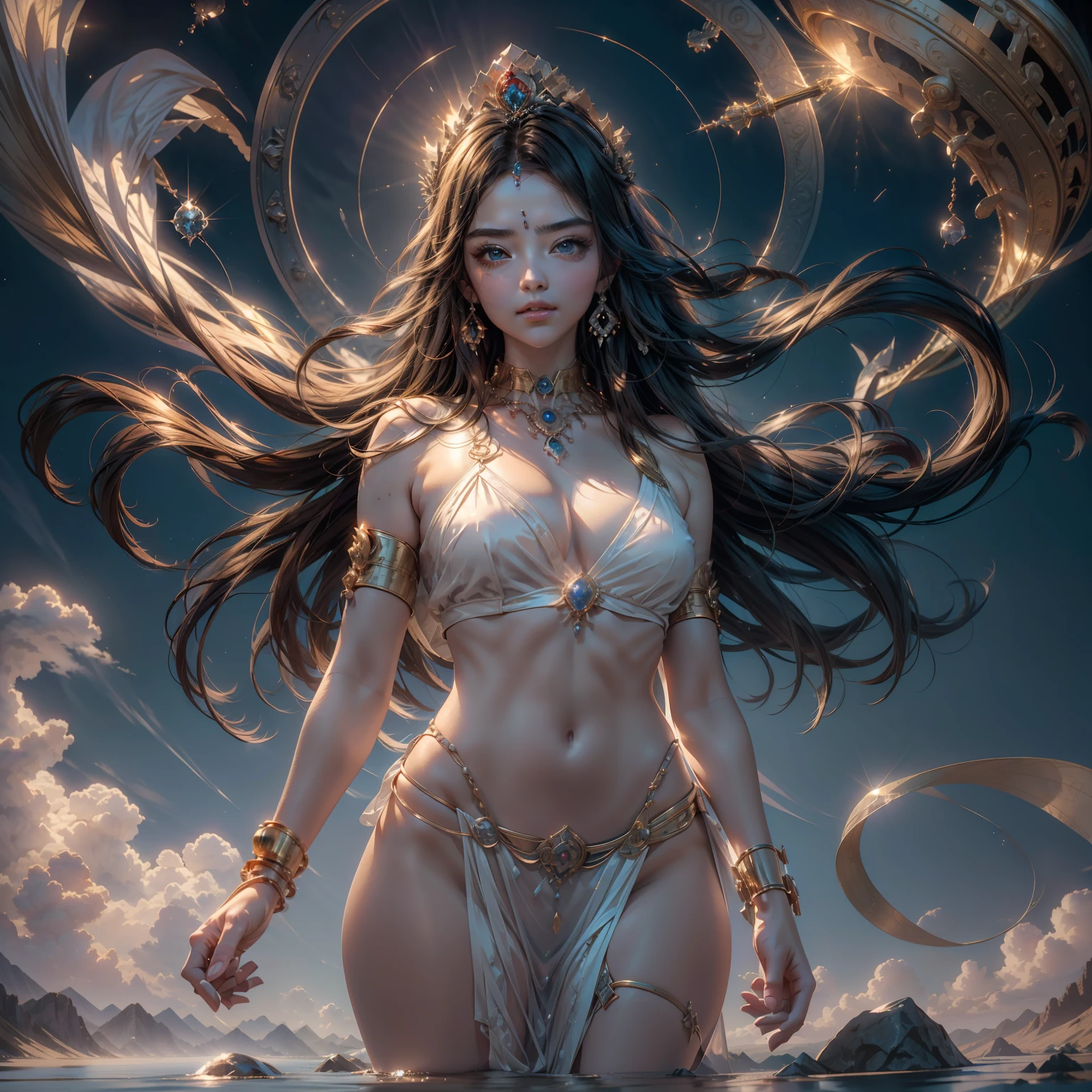 -yeld beiful princess in the bright celestial void,Holding a diamond-set scepter,pretty eyes,Smooth skin fair and delicate,Standing barefoot on a white cloud,(((Gemstones refract dazzling light)),( crown,choker necklace,Yingluo),Front lighting,soft, uniform light,Dynamic hair,The head is illuminated with an aperture,The body shines,Dreamland Wonderland,Cloud fog,Bizarre clouds,mysterious glow,Unreal world,Single clean background,Singular space,Mysterious and unknowable,High quality detailing, Cinematic lighting,absurderes, unbelievable Ridiculous, hugefilesize, ultra - detailed, A high resolution, best qualtiy,tmasterpiece,illustratio,CG,8k 壁纸,Amazing Cleavage, Correct anatomy,Correct dissection