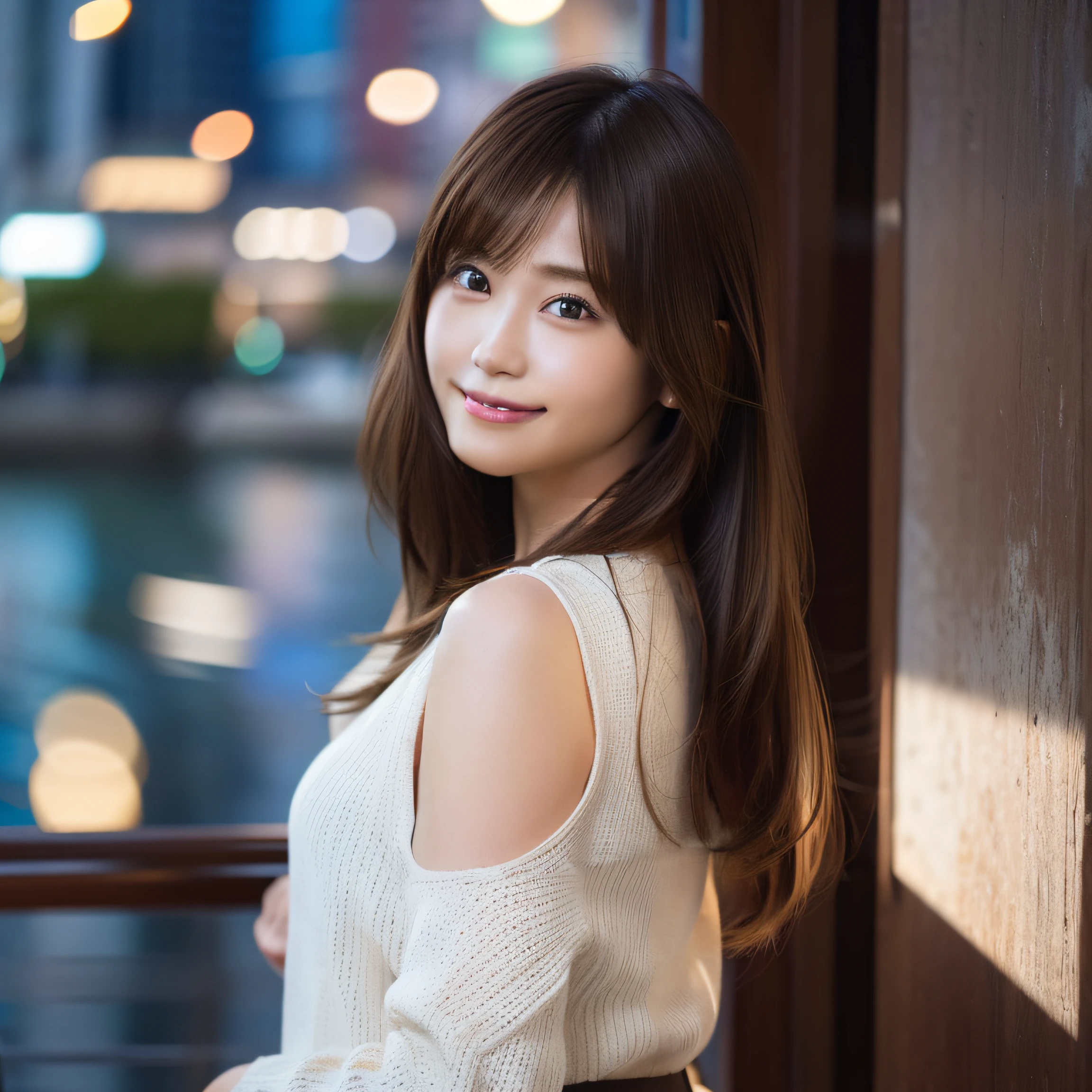 8K,Best Quality, 超A high resolution, (Photorealistic:1.4), Raw photo, (upper thigh, From Side:1.1), (Bokeh:1.4), (in a suite:1.4),Waterside Cafe, 1日本人の女の子, Cute, (Solo:1.6), (Shy smile), (Dark brown eyes), Smooth skin, (Brown medium hair,Bangs), (touch hair:1.4),nogizaka,a park,Fashionable clothes、Standing