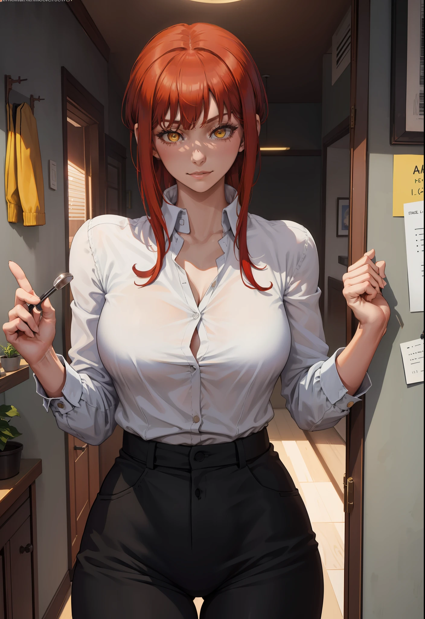 (masterpiece, best quality:1.2), solo, 1girl, red hair, yellow eyes, makima,, unbuttoned shirt with collar, on the chest, a lot of, black unbuttoned pants, wide hips,