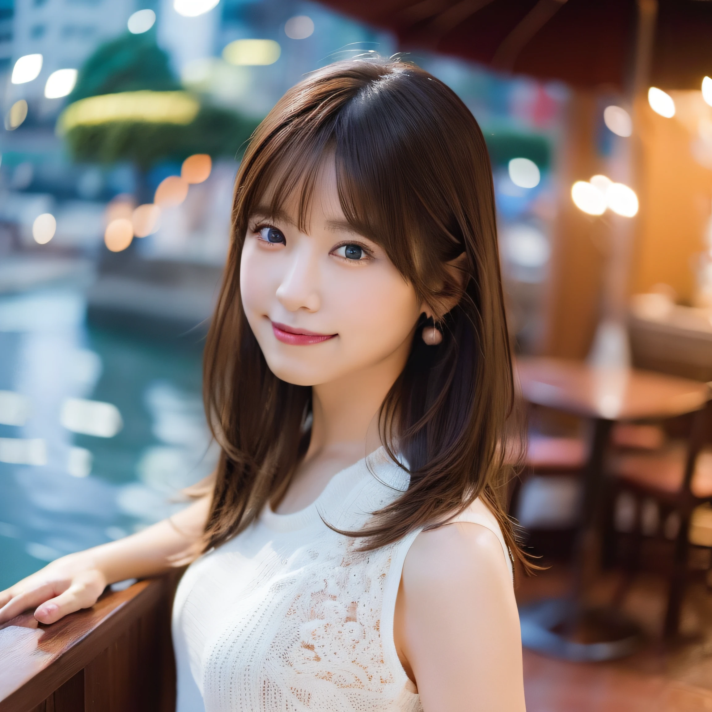8K,Best Quality, 超A high resolution, (Photorealistic:1.4), Raw photo, (upper thigh, From Side:1.1), (Bokeh:1.4), (in a suite:1.4),Waterside Cafe, 1日本人の女の子, Cute, (Solo:1.6), (Shy smile), (Dark brown eyes), Smooth skin, (Brown medium hair,Bangs), (touch hair:1.4),nogizaka,a park,Fashionable clothes、Standing、Beautiful fingers