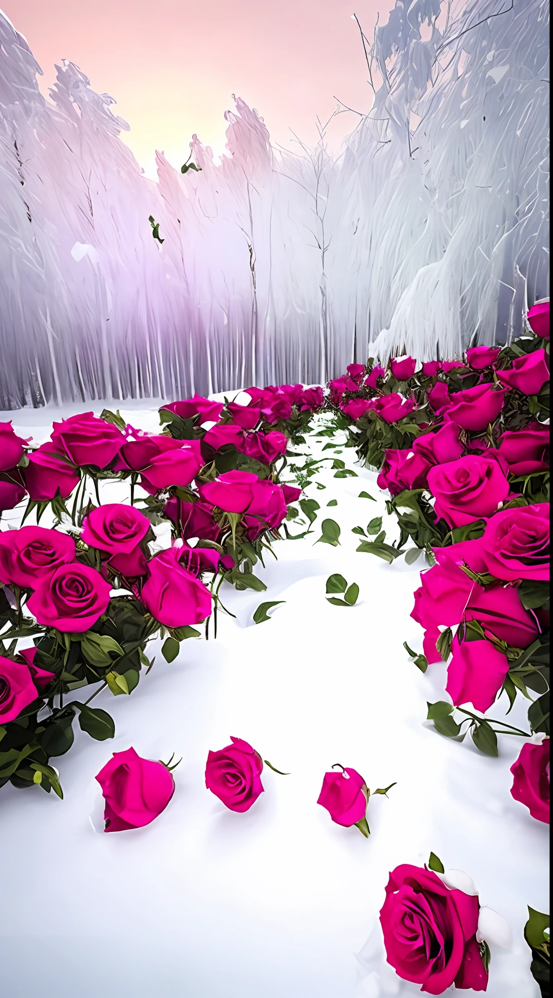 There are a lot of pink roses in the snow on the ground, Really beautiful nature, Beautiful nature, with frozen flowers around her, Beautiful photography, pink and red colors, very beautiful photograph of, big breasts beautiful!, beautiful winter area, Romantic!!!, marc adamus, stunning cinematography, rosette, roses in cinematic light, big breasts beautiful, rosses, warm beautiful scene,8K high quality detailed art
