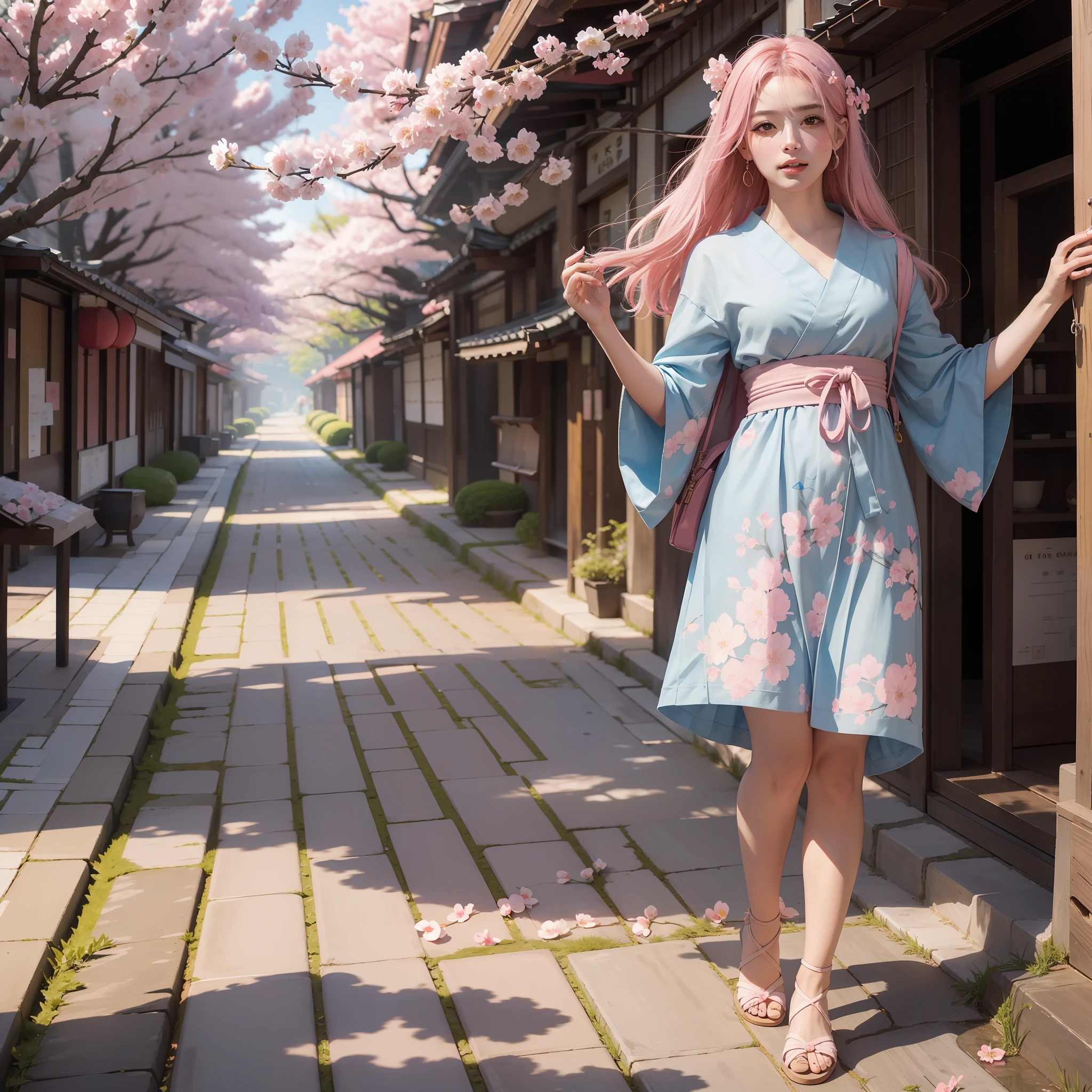 Alley against a flourishing pink sakura, Highly artistic scene, High resolution, foco nítido, hiperfotorrealismo, luz del sol, Brillo suave, Enfoque suave, photography technique Monocle, entrada a una tienda de comida japonesa, templos por todas partes luz proveniente de la tienda con un letrero en japones en la entrada.