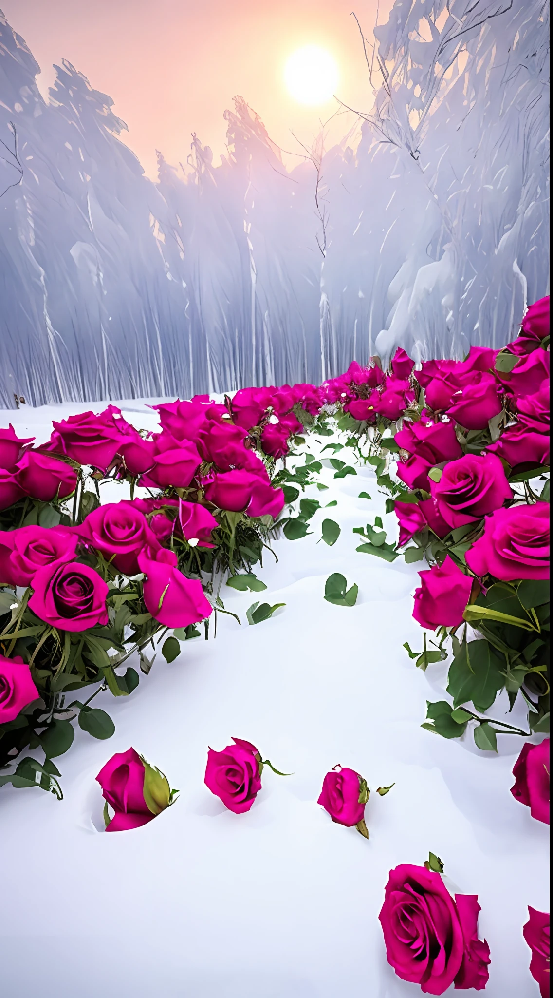 There are a lot of pink roses in the snow on the ground, Really beautiful nature, Beautiful nature, with frozen flowers around her, Beautiful photography, pink and red colors, very beautiful photograph of, big breasts beautiful!, beautiful winter area, Romantic!!!, marc adamus, stunning cinematography, rosette, roses in cinematic light, big breasts beautiful, rosses, warm beautiful scene，8K high quality detailed art