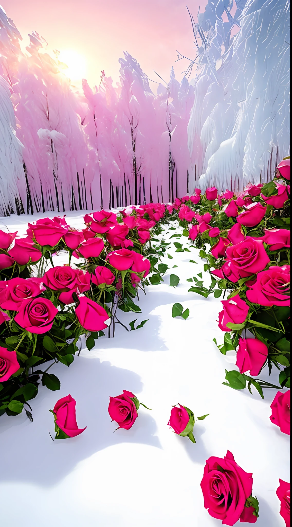 There are a lot of pink roses in the snow on the ground, Really beautiful nature, Beautiful nature, with frozen flowers around her, Beautiful photography, pink and red colors, very beautiful photograph of, big breasts beautiful!, beautiful winter area, Romantic!!!, marc adamus, stunning cinematography, rosette, roses in cinematic light, big breasts beautiful, rosses, warm beautiful scene,8K high quality detailed art