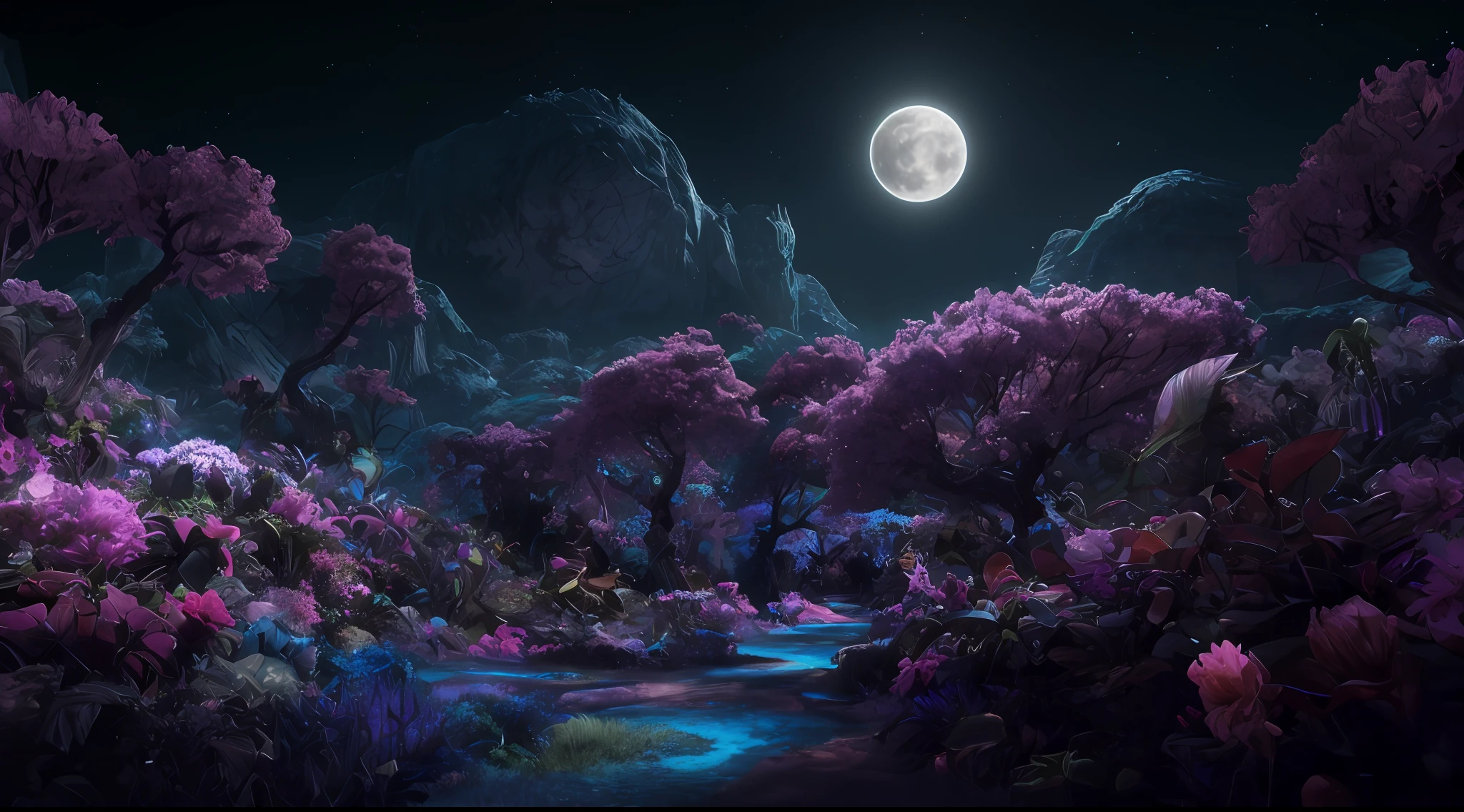 ((masterpiece, best quality)), (concept art), digital artwork, trending on ArtStation, trending on CGSociety, Intricate, High Detail, Sharp focus, vivid, hyperdetailed, highres, 8k, ultra-detailed, absurdres, (high detail:1.1), extremely detailed, hdr, depth of field, strong bloom, anime cell-shading, octanerender, sudden ice age, flash freeze, (vibrant colors), vector art, Very long range, wide shot of an extremely detailed, bright and colorful, heavily stylized naturepunk poster, (neon glow), (rich color palette:1.4), high contrast, (best quality:1.4), starry sky, 8k UHD, hd, hi res, cgsociety contest winner, detailed matte painting, psychedelic, (landscape), comics style, analog style, illustration, lineart, oil painting \(medium\), splash art, flat colors, high contrast, strong bloom, mesmerizing, captivating, (shadows), dynamic perspective, professional, majestic, dramatic, Caustics, PBR, Physically based Rendering, Ray-tracing, volume-marching, Global Illumination, Subsurface Scattering, Iridescence:1.5, epic, sense of scale, cinematic lighting, 8k, glowing, volumetric lighting, detailed background, ecopunk, flowers, pink full moon, glowing neon blue roses, pink pastel style, sky, black hole, supernova,