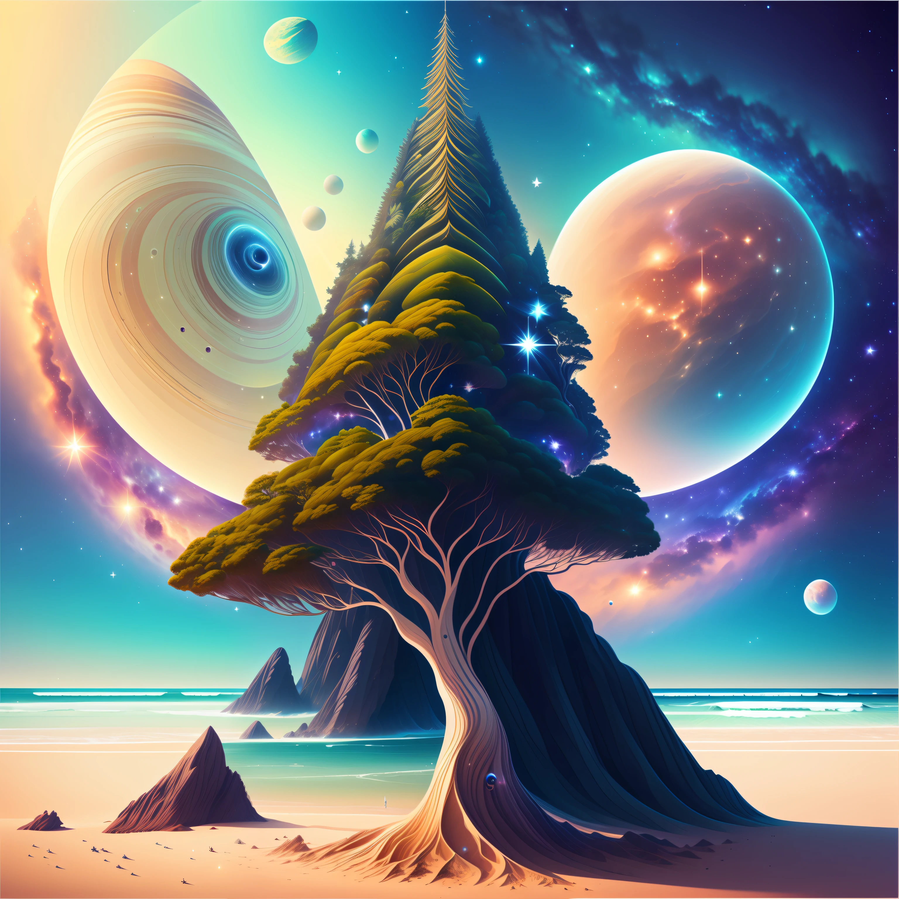 galaxy, praia, Nearby planets, arvore