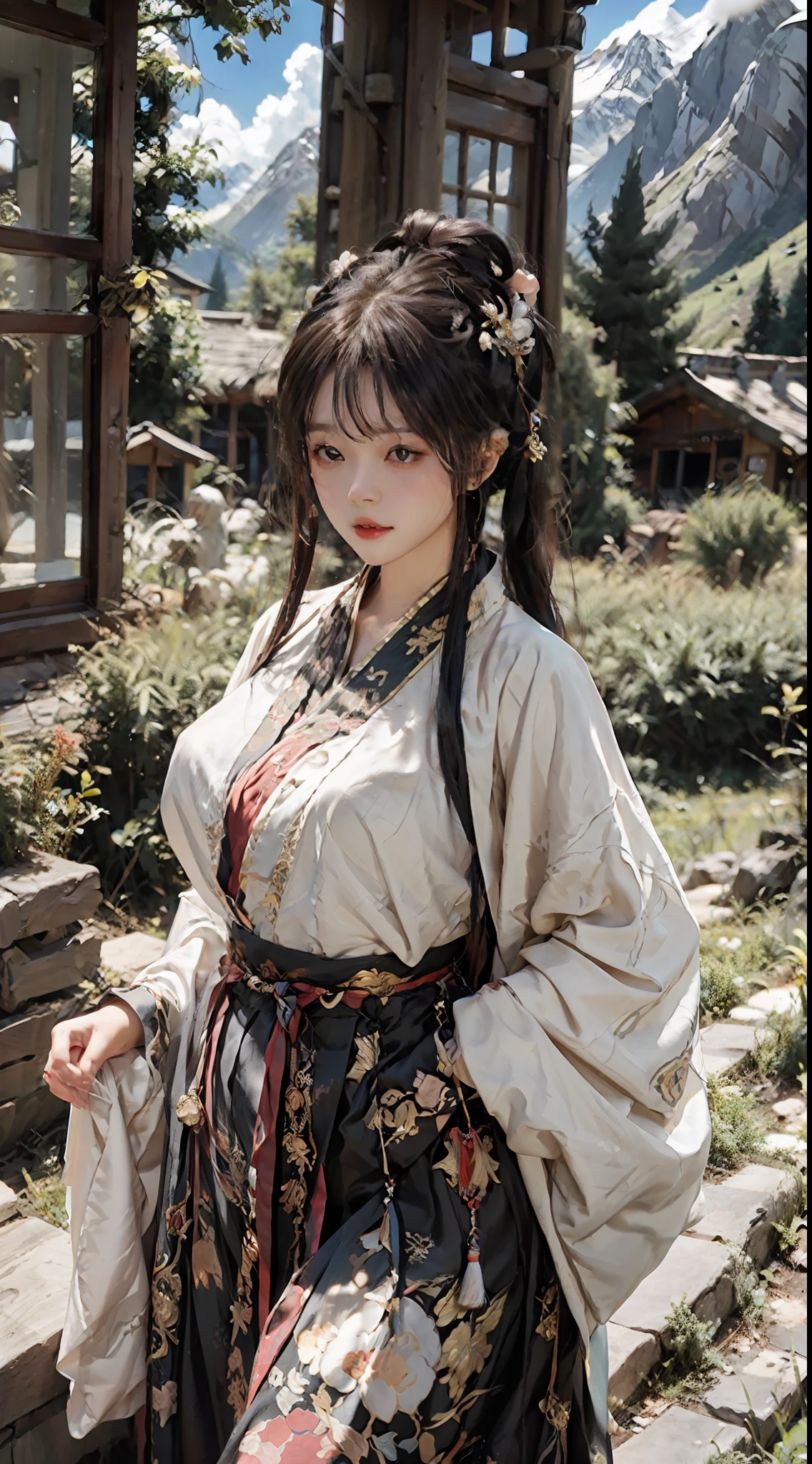 20-year-old goddess，ancient wind_Gufeng sexy Hanfu，perfect bodies，Plump breasts，Expose long legs，offcial art，Extremely detailed，Background alpine clouds，Immortal air drifting