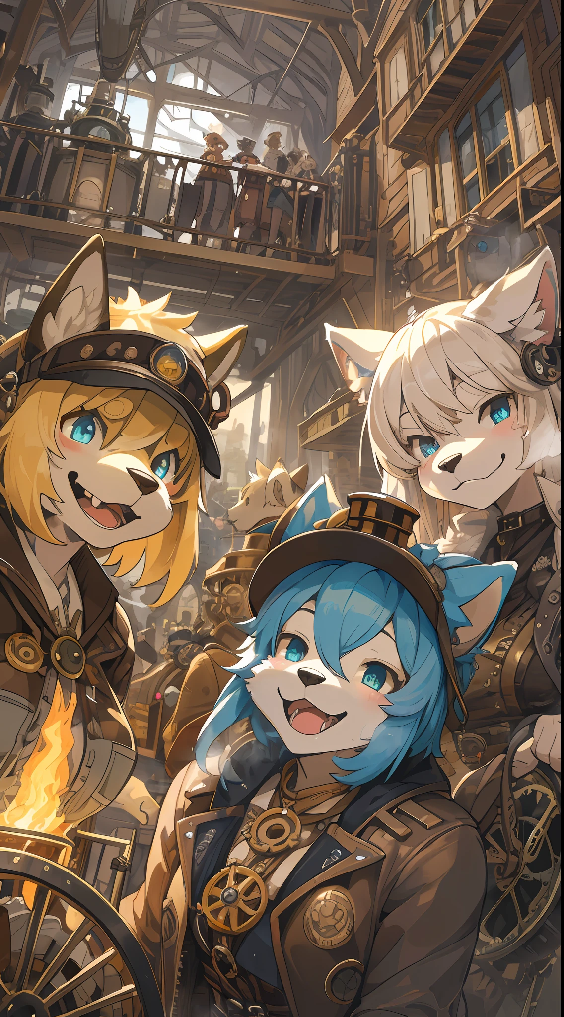 dynamic angle, top quality, best quality, High-quality illustrations, masterpiece, super high resolution, detailed background, detailed background, steampunk, Steam engines, gear wheel, group shot:0.1, 6+boys, 6+girls, Happy, joyful, absurdres(highly detailed beautiful face and eyes)perfect anatomy(kemono, furry anthro),