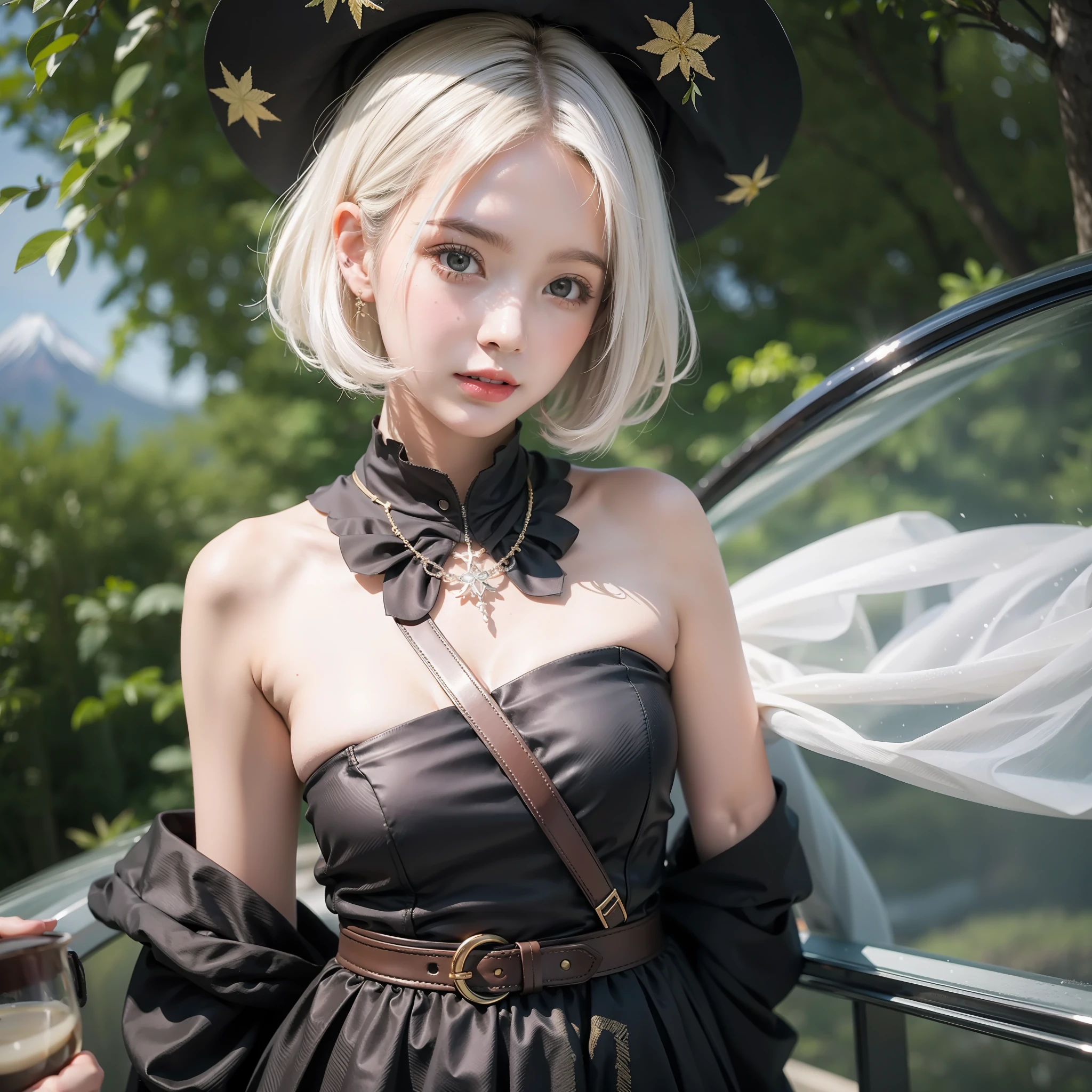 A European and American girl with short white hair and a gorgeous personality,In the magnificent background of Mt. Fuji